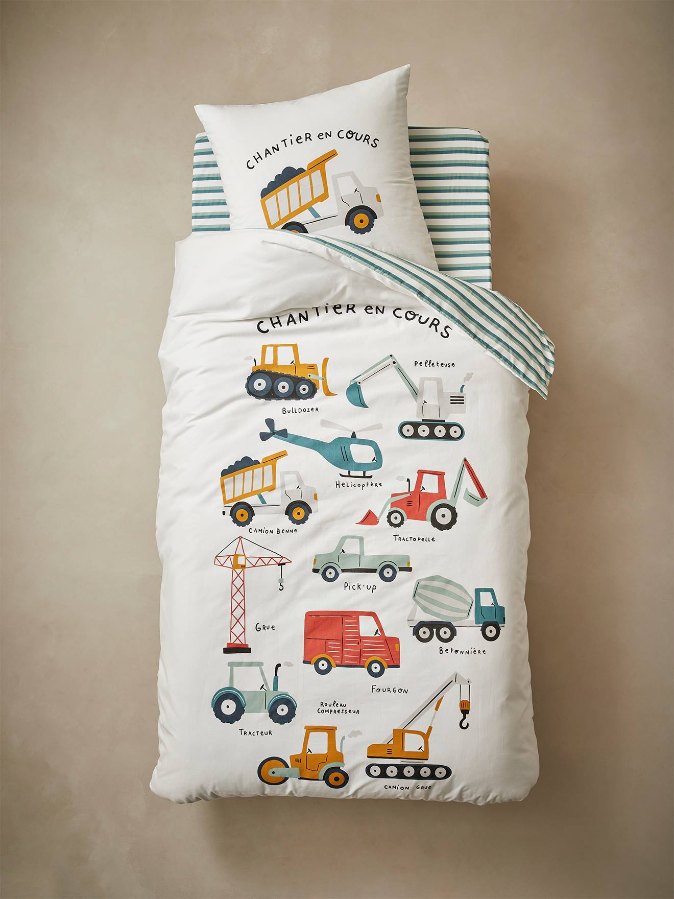 Vertbaudet Kinder Bettwäsche-Set BAUSTELLE - wollweiß/mehrfarbig