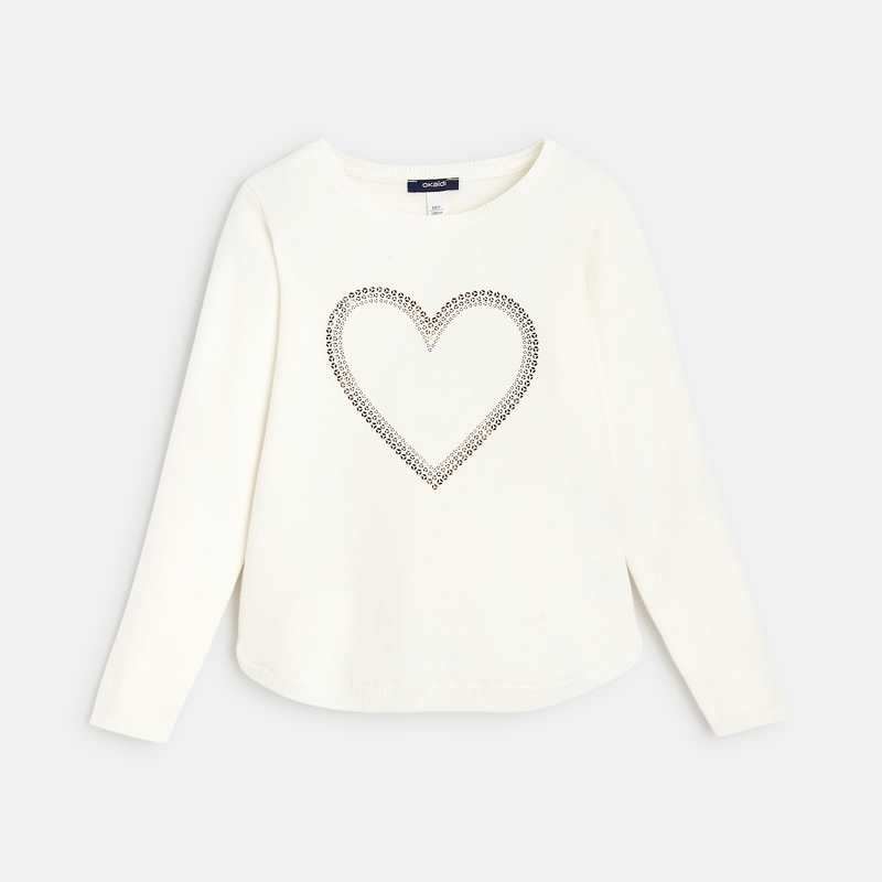 Pull fin à sequins brodés motif cœur blanc fille
