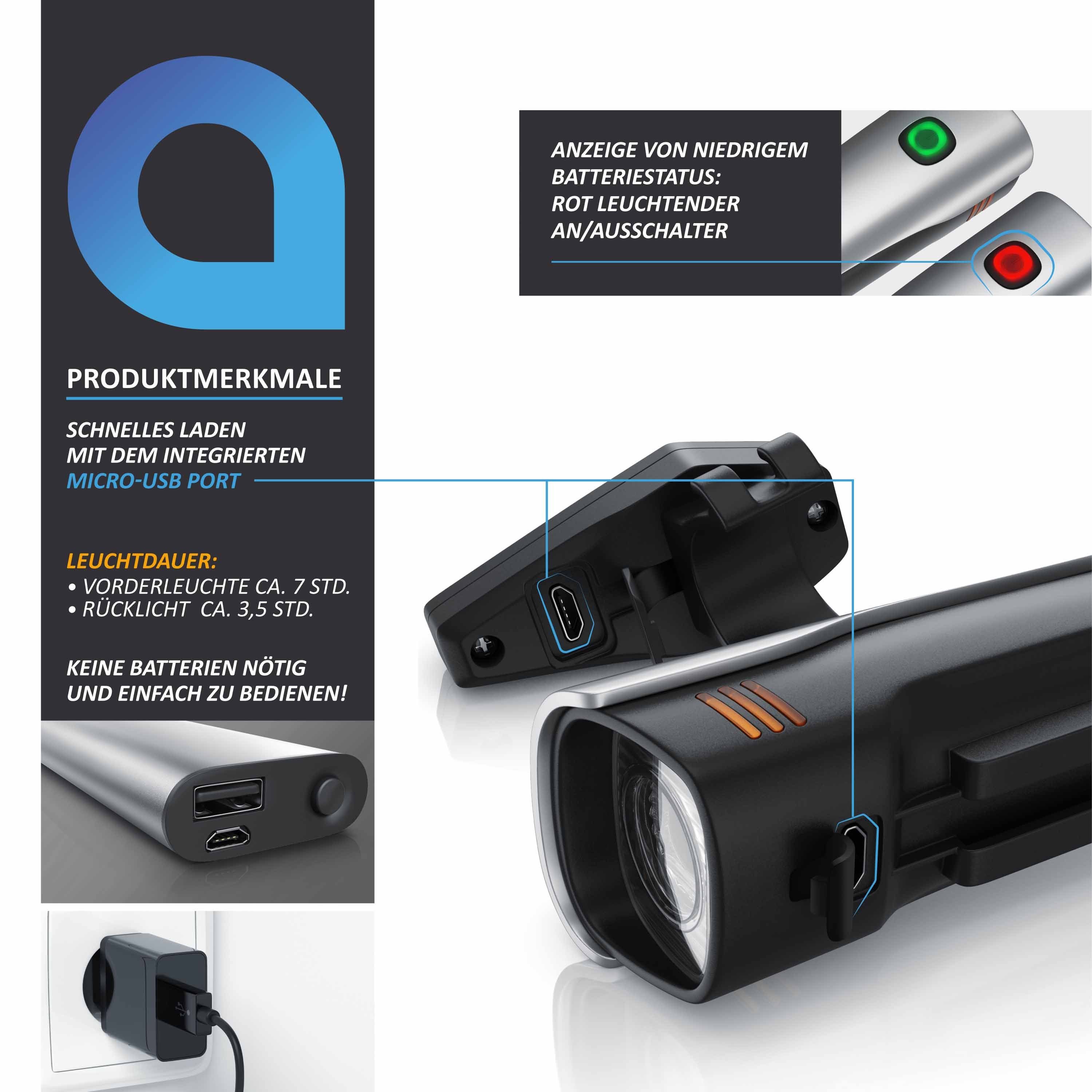 Aplic Fahrradbeleuchtung, LED Fahrradlampen-Set mit Front & Rücklicht mit Akku, StvZO zugelassen