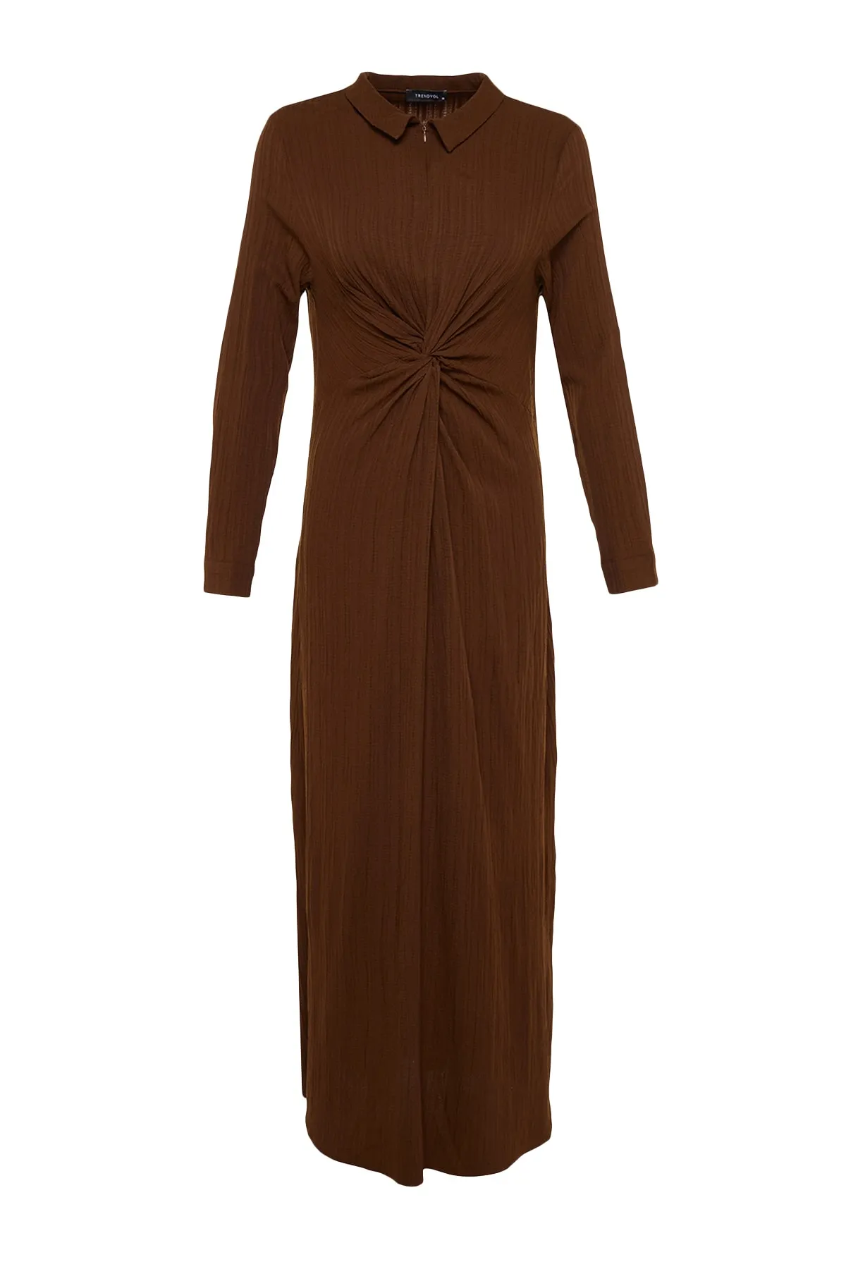 Trendyol Modest  Braunes gewebtes Kleid mit Knoten vorne und Reißverschlussdetail TCTSS23EB00137
