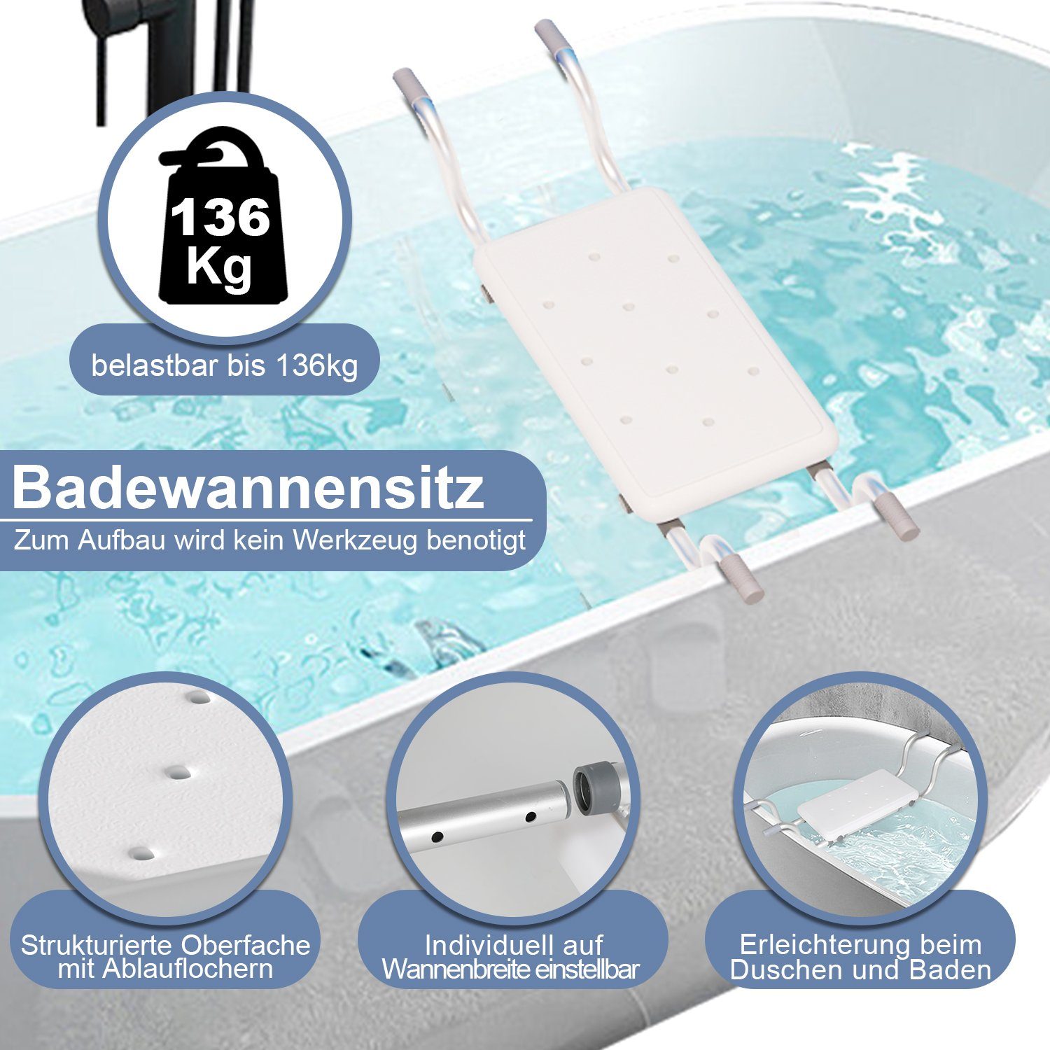 Yakimz Badewannensitz Badewannensitz 72-82cm Badesitz Weiß bis 136Kg Wannensitz Senioren