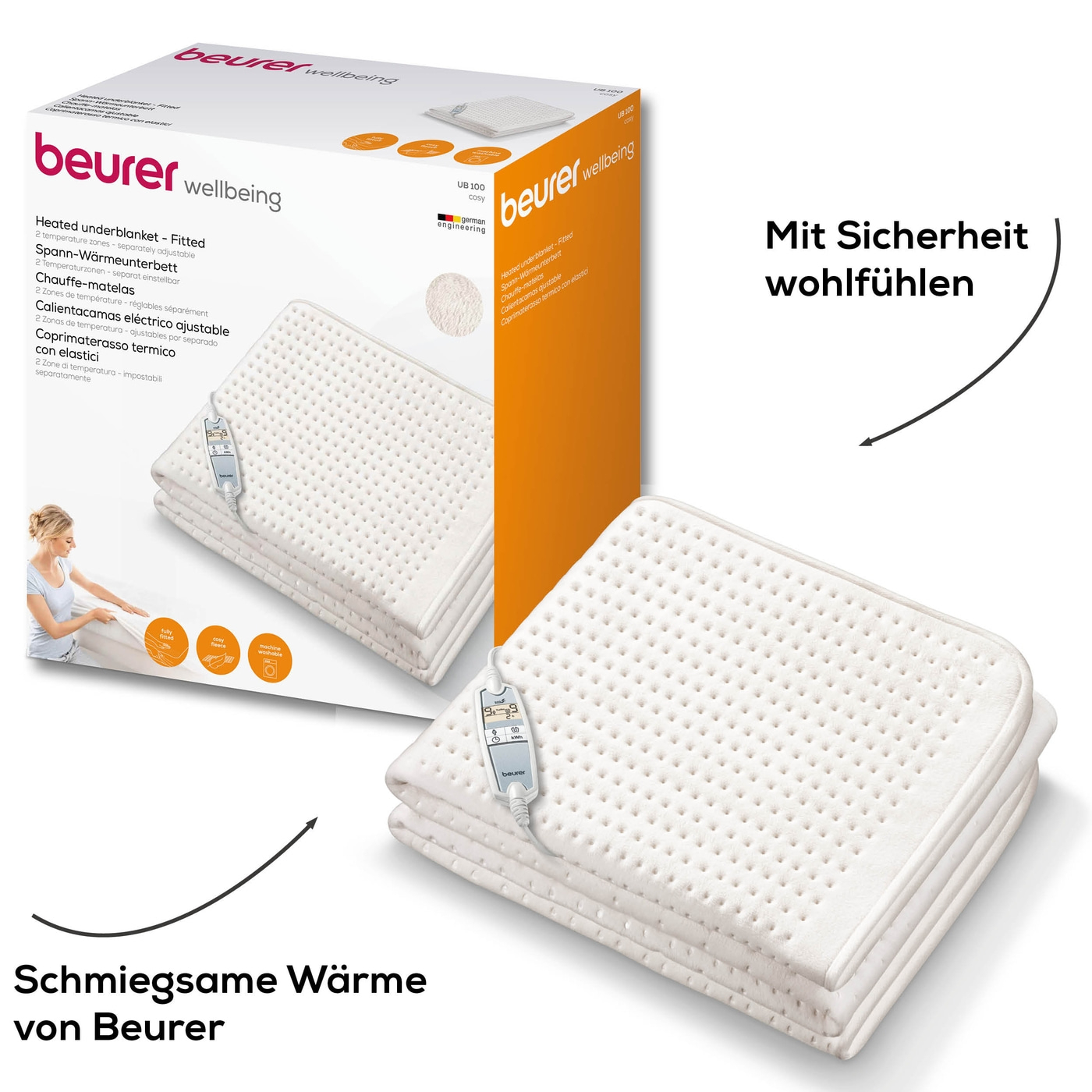 Beurer Spann-Wärmeunterbett UB 100 Cosy-Flauschfaser Wärmeunterbett mit Rückschaltautomatik & 2 Wärmezonen - 200 x 100 cm