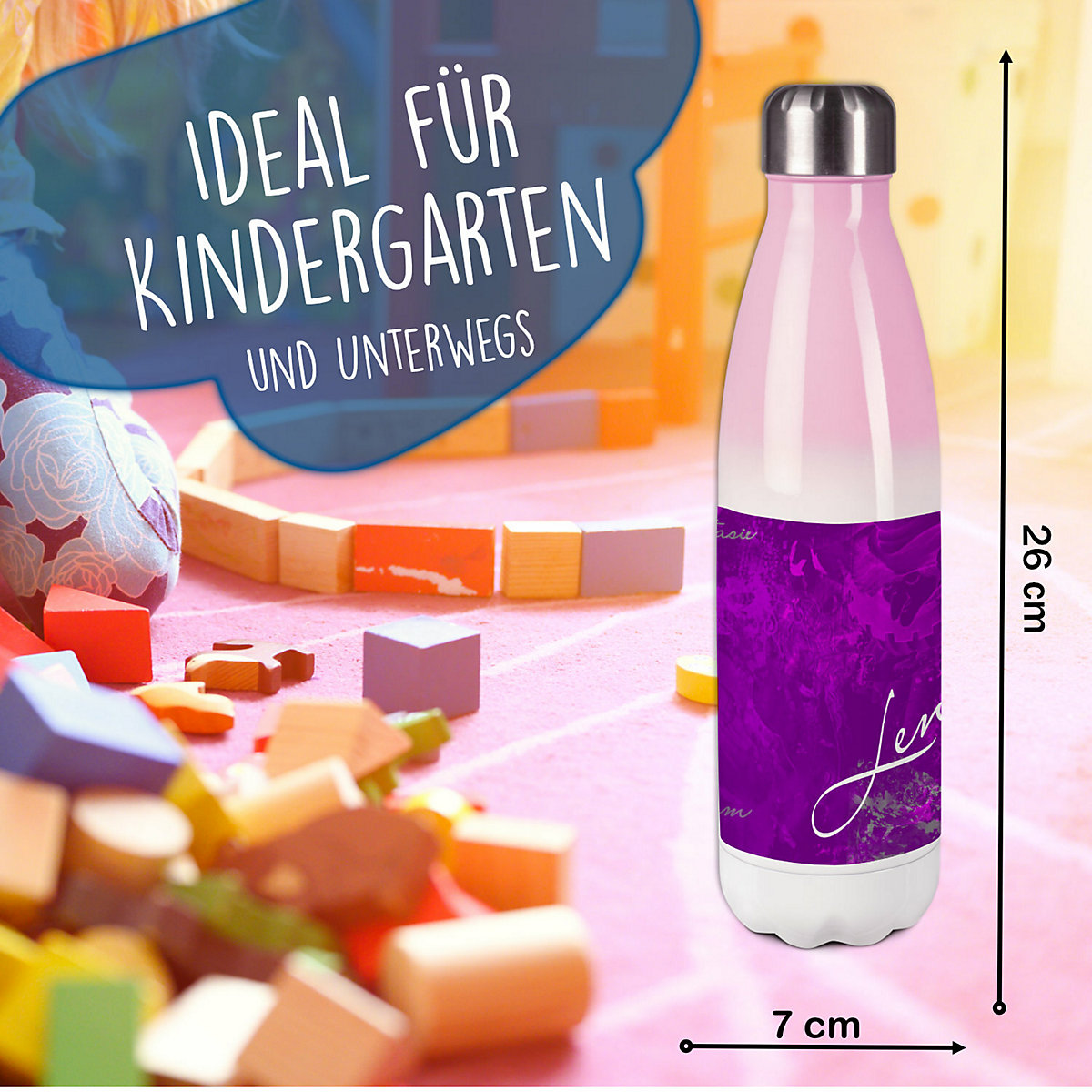 Edelstahl Kinder Thermoflasche / Trinkflasche bunt Traum Farbe lila Spülmaschinenfest, Auslaufsicher, Bruchfest, Doppelwandig, Für Heißgetränke geeignet, Mit Deckel, Isoliert