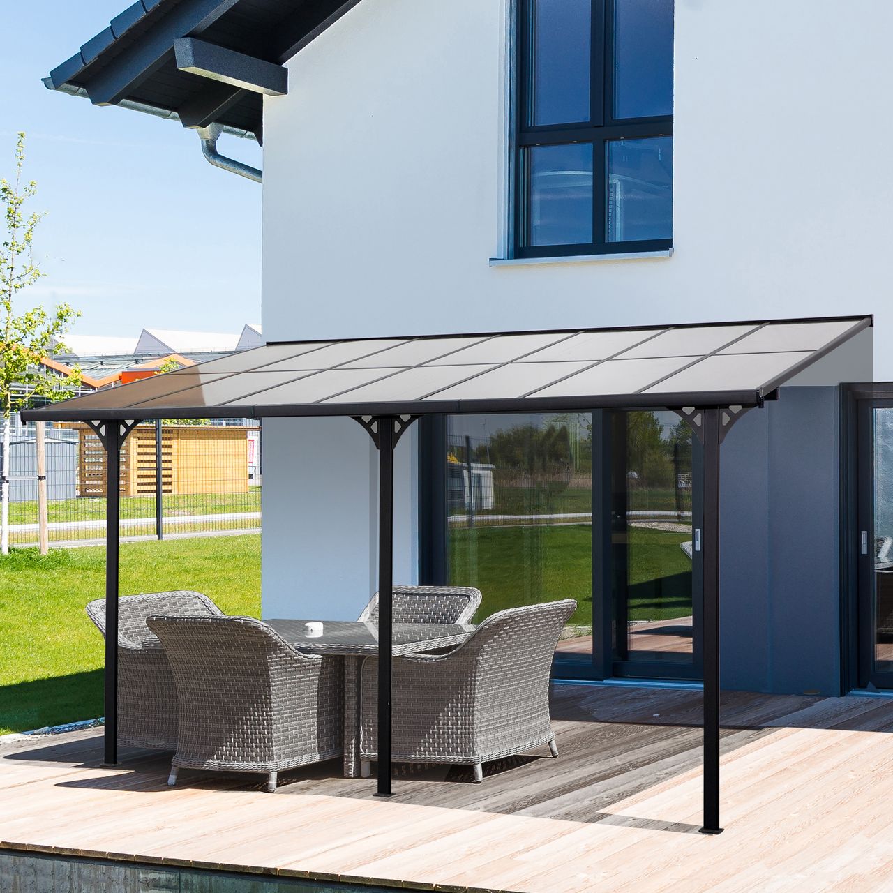 Outsunny Pergola Pavillon 4 x 3 m Gartenpavillon Überdachung Zelt 225-270 cm höhenverstellbar Sonnenschutz Terrassendach Anbaupavillion Aluminium Grau