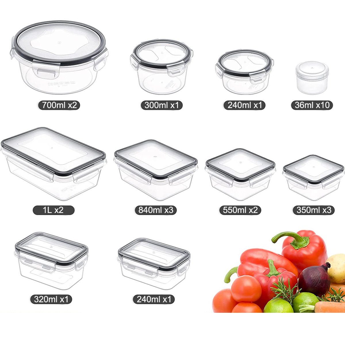 HYIEAR Frischhaltedose Dosen Set, Kunststoff, luftdicht, spülmaschinenfest, für Mikrowelle, PP, (26-tlg), Mittagsbox