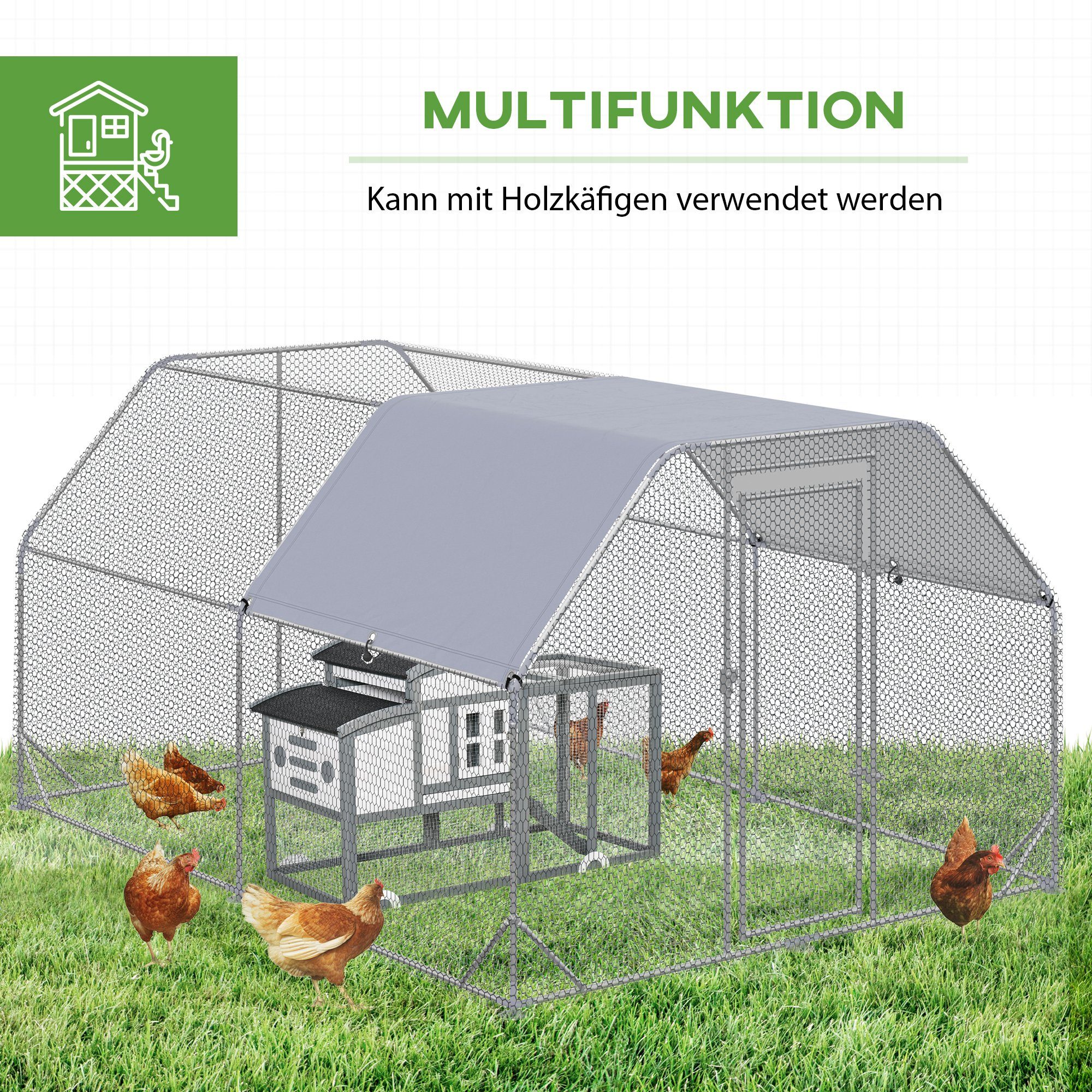 PawHut Hühnerstall 280x380x195cm Freilaufgehege, Hühnerkäfig mit Tür, Sonnenschutzdach, Geflügelstall für 10-12 Hühner, Oxford, Silber