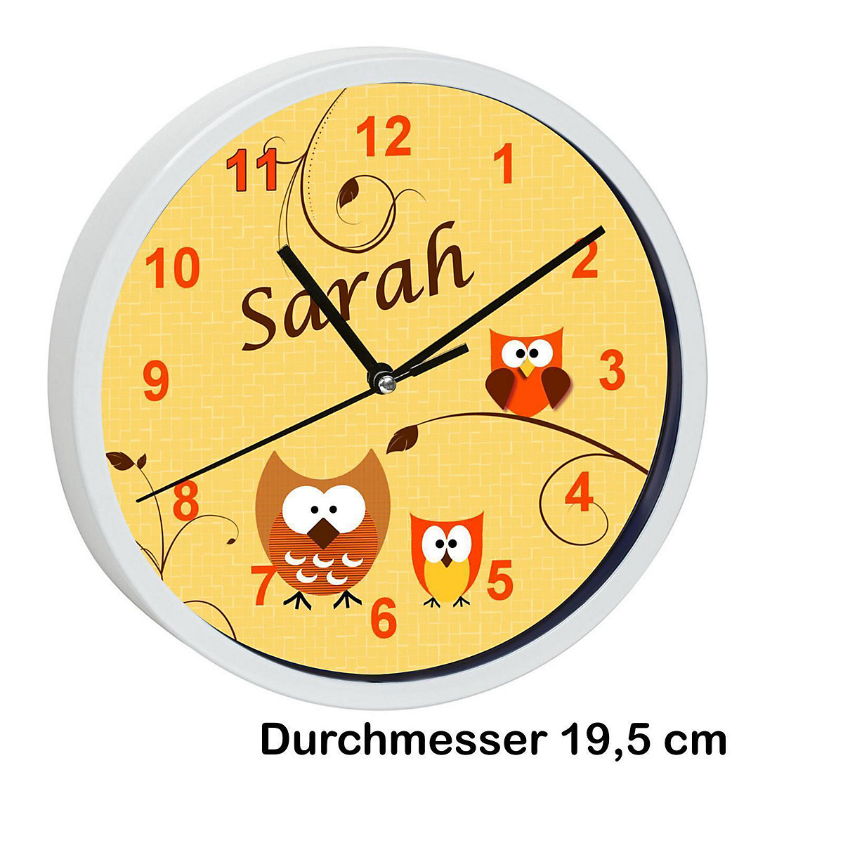 Kinder Wanduhr personalisiert mit Name Eule Orange