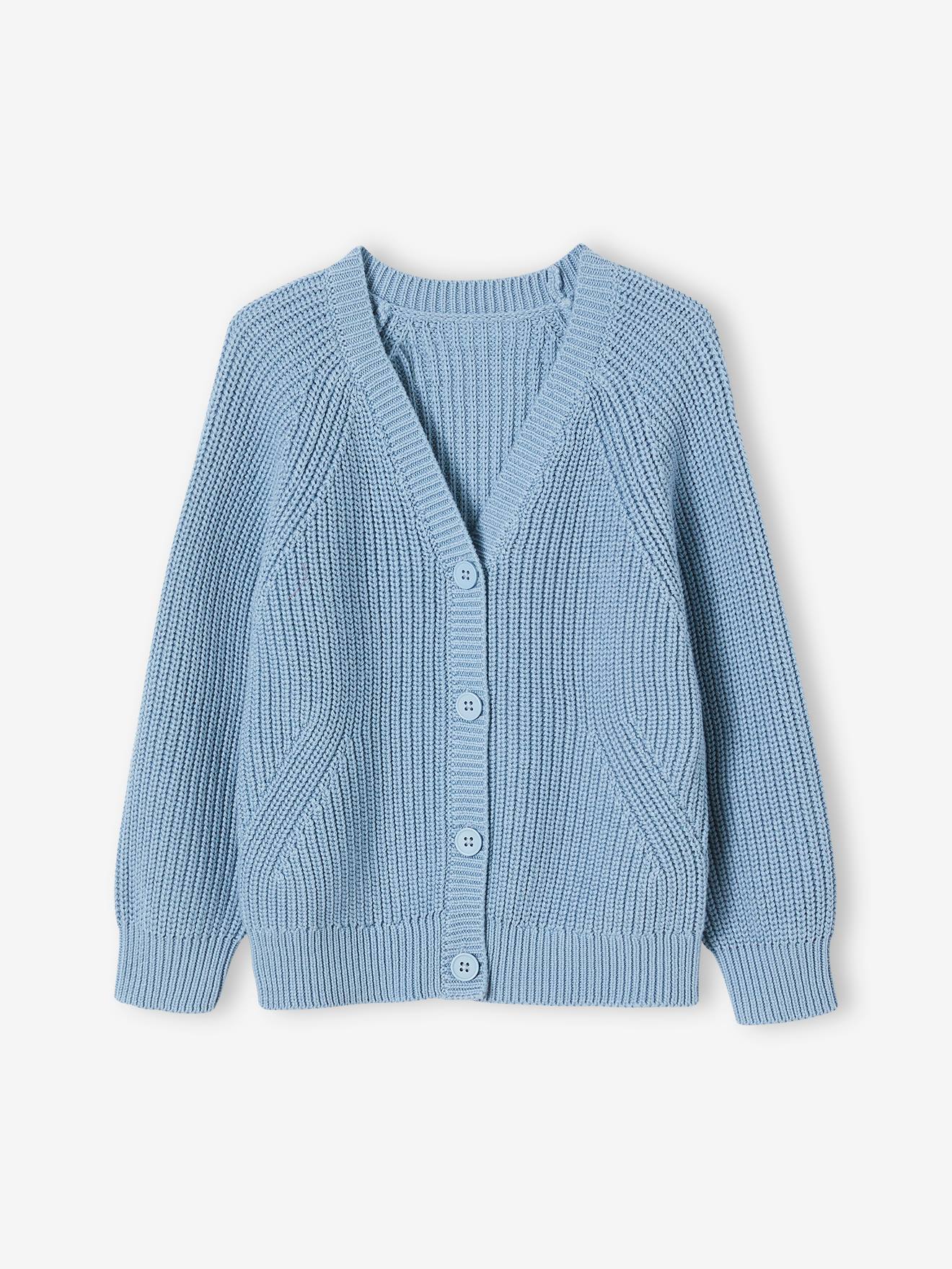 Gilet col V fille en côtes anglaises écru
