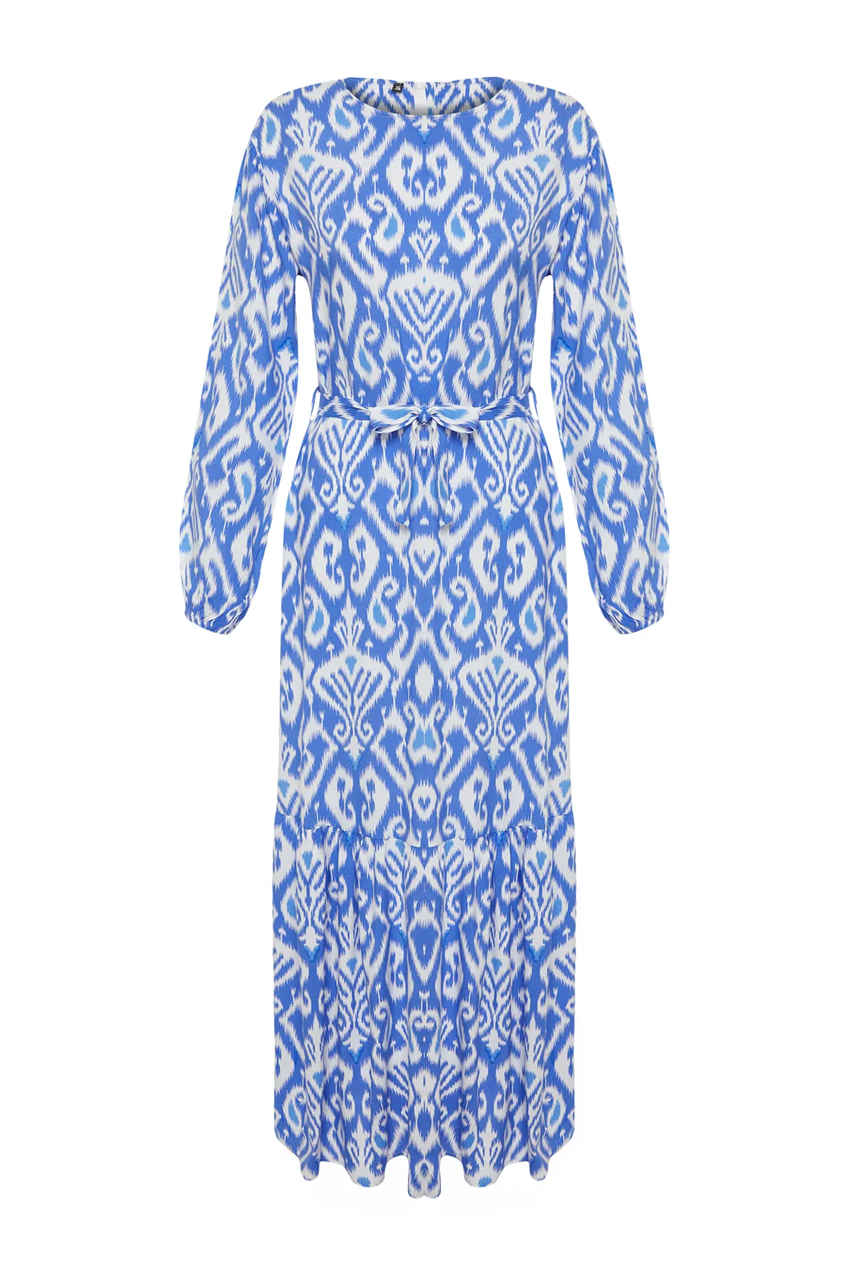 Trendyol Modest  Blaues Kleid aus Viskosegewebe mit Schalkragen und Gürtel TCTSS24EB00240