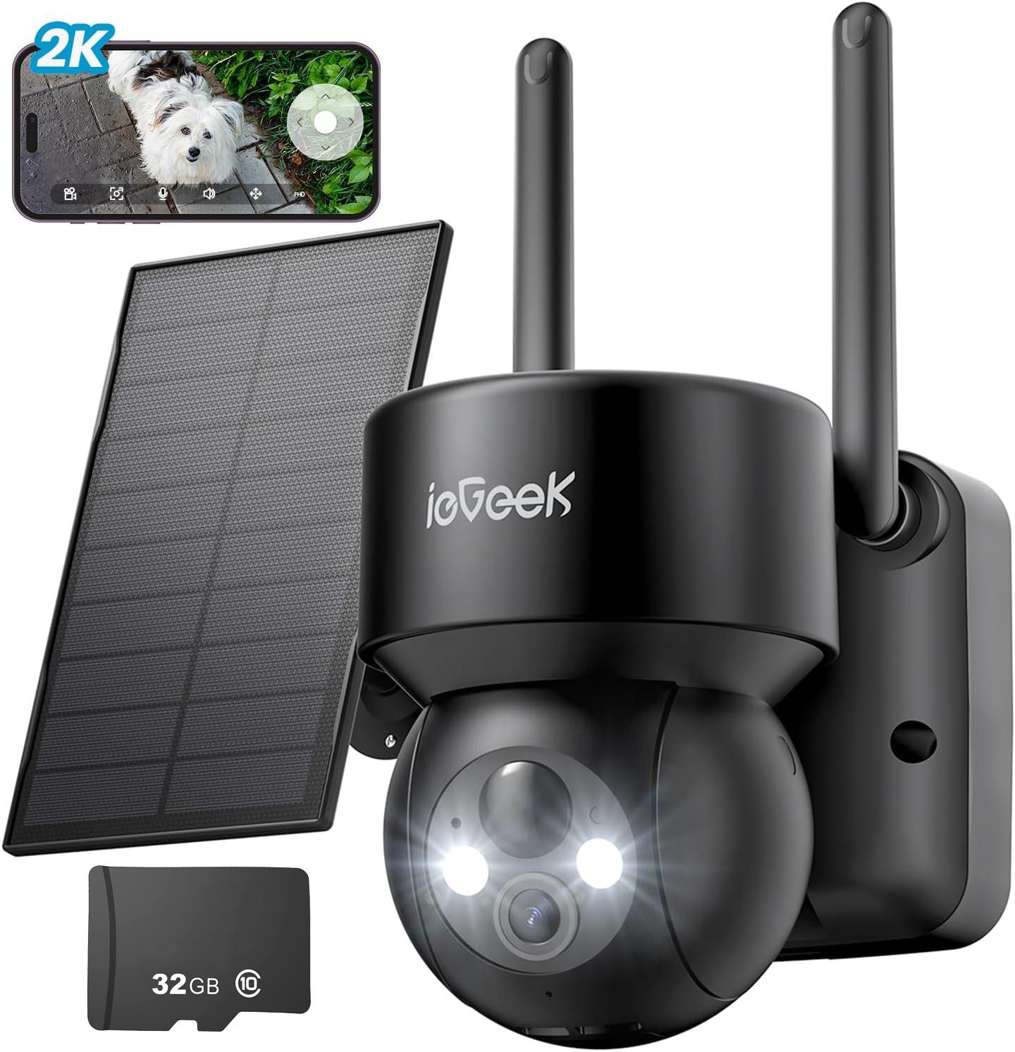 ieGeek 2K Solar Überwachungskamera Aussen akku 355°/120° Pan Tilt WLAN Kamera Überwachungskamera (AuBenbereich, 4X ZOOM,Solarpanel,Mit 32GB SD KARTE, LED-Licht, Humanoiderkennung/PIR-Erkennung, 2-Wege-Audio, Cloud/SD, Alexa, Sirene/Lichtalarm, Videov