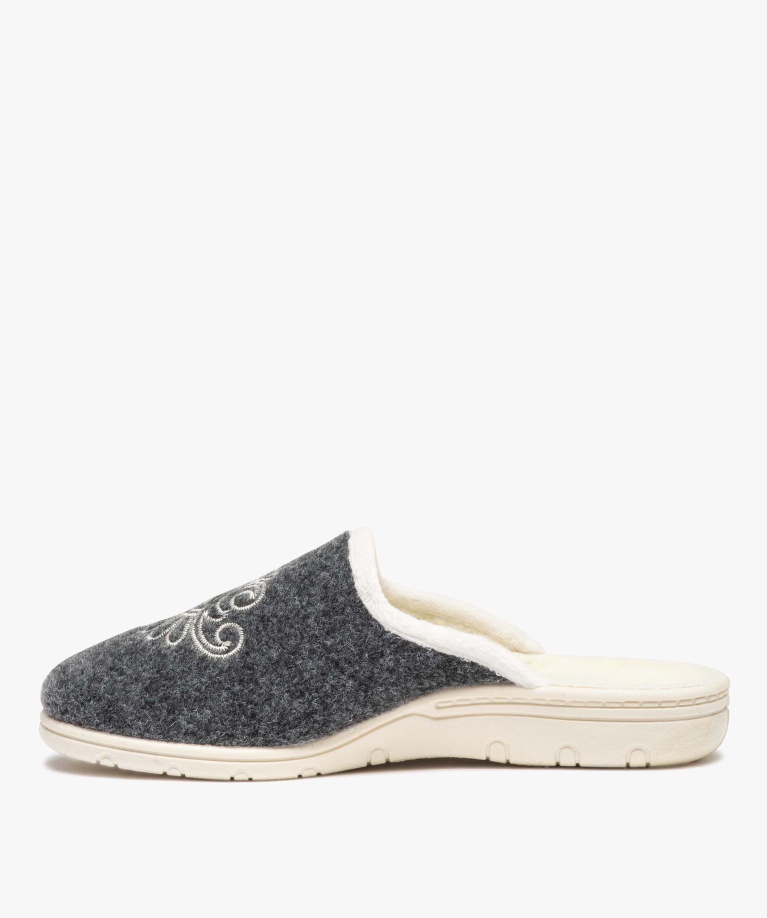 Chaussons femme mules en feutrine brodée gris | GEMO