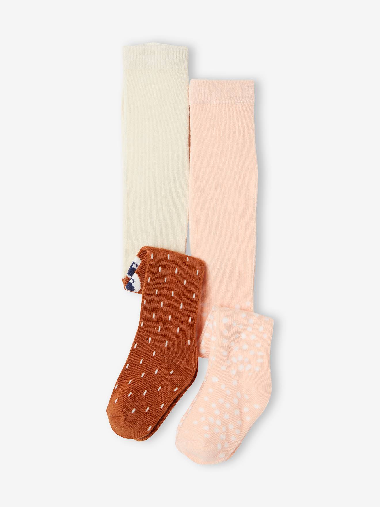 Lot de 2 paires de collants bébé en maille pois/ours lot rose saumon clair