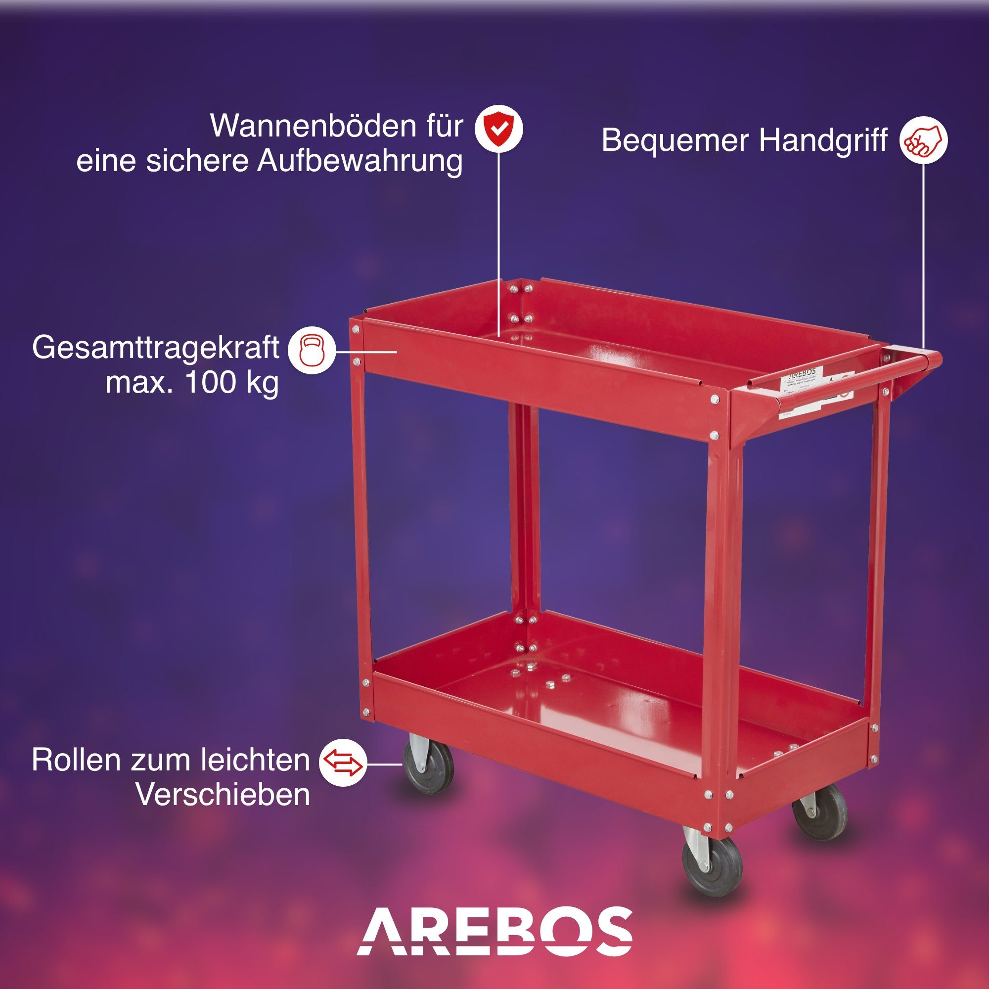Arebos Werkstattwagen Werkstatt-Rollwagen, Werkzeugwagen, Belastbarkeit bis zu 100 kg, 2 Fächer, max. Traglast:100,00 kg