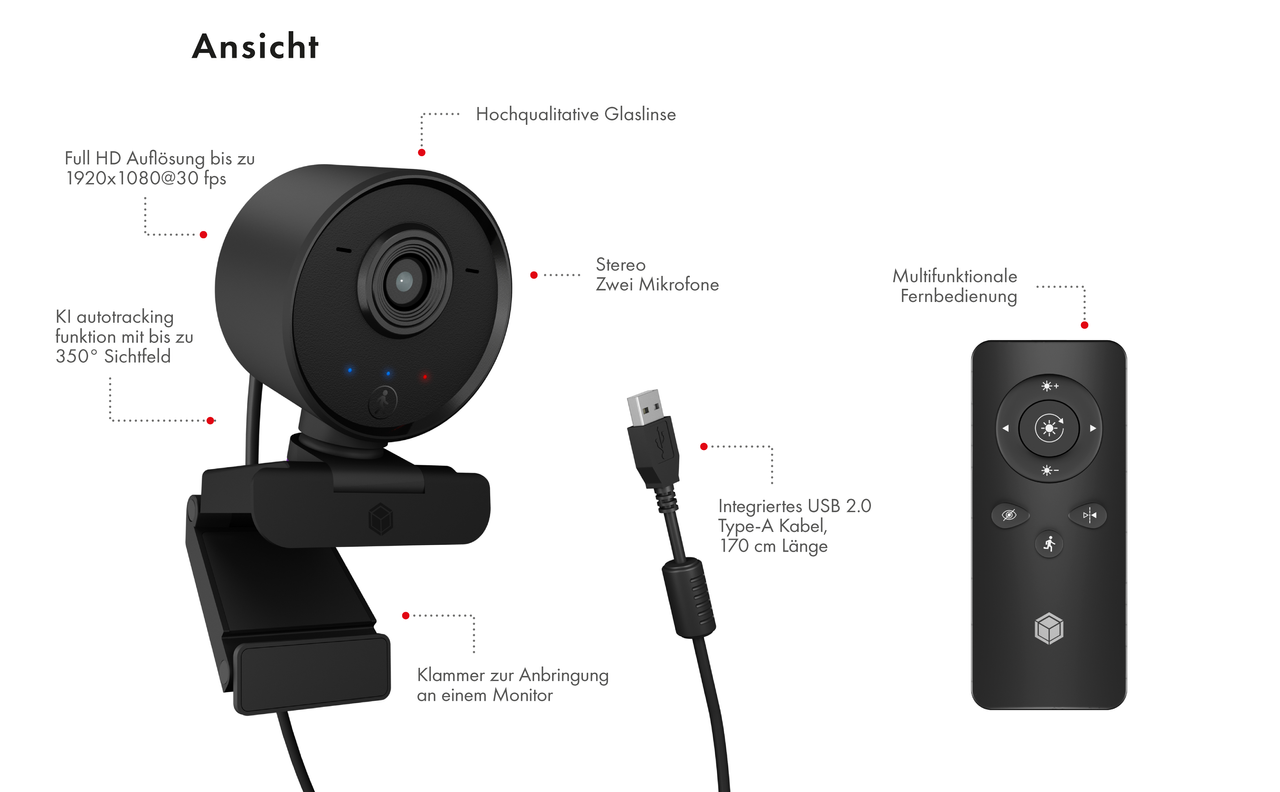 ICY BOX IB-CAM502-HD, Full HD Webcam mit Fernbedienung