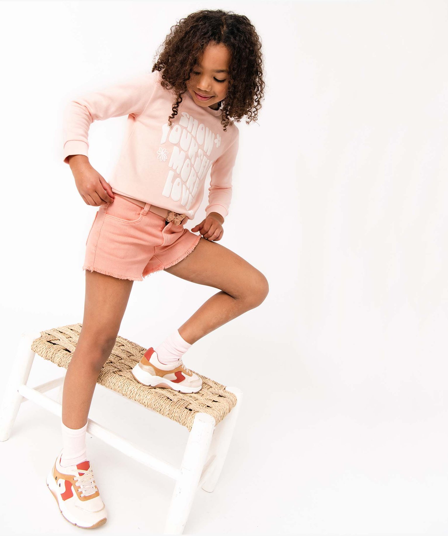 Short fille en jean avec bas à franges rose | GEMO