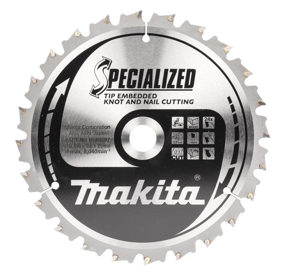 Makita Zubehör B-40587 Holz-Querschnittsägeblatt (Ast-/Nagelsäge) mit versenkter Spitze, 190 x 20 x 2,2 mm, 24 Zähne, 5 g