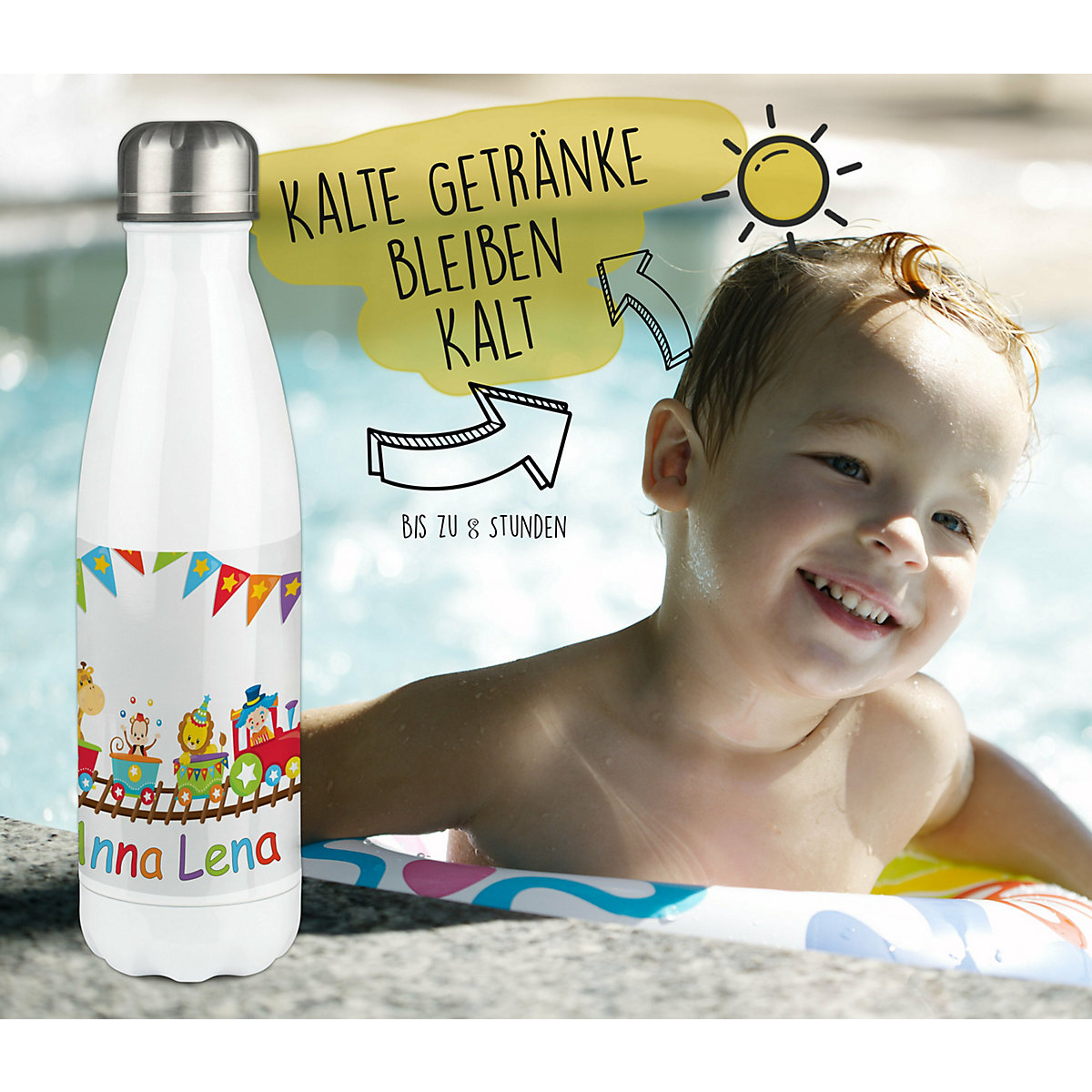 Edelstahl Kinder Thermoflasche / Trinkflasche bunt Zug Spülmaschinenfest, Auslaufsicher, Bruchfest, Doppelwandig, Für Heißgetränke geeignet, Mit Deckel, Isoliert