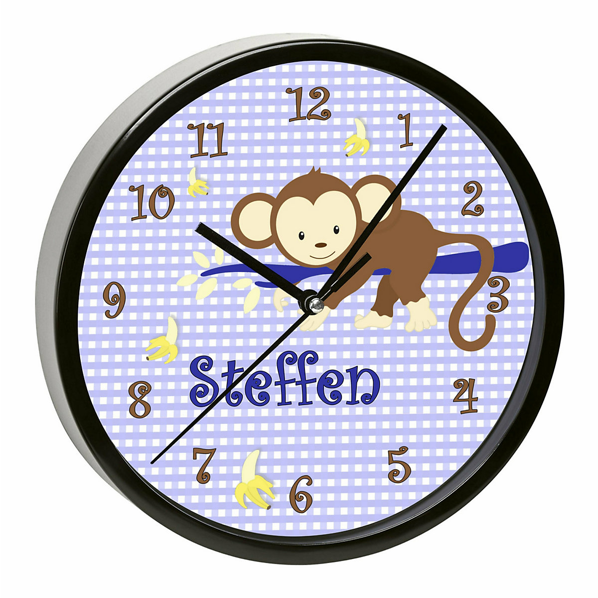 Kinder Wanduhr personalisiert mit Name Affe hängend Blau