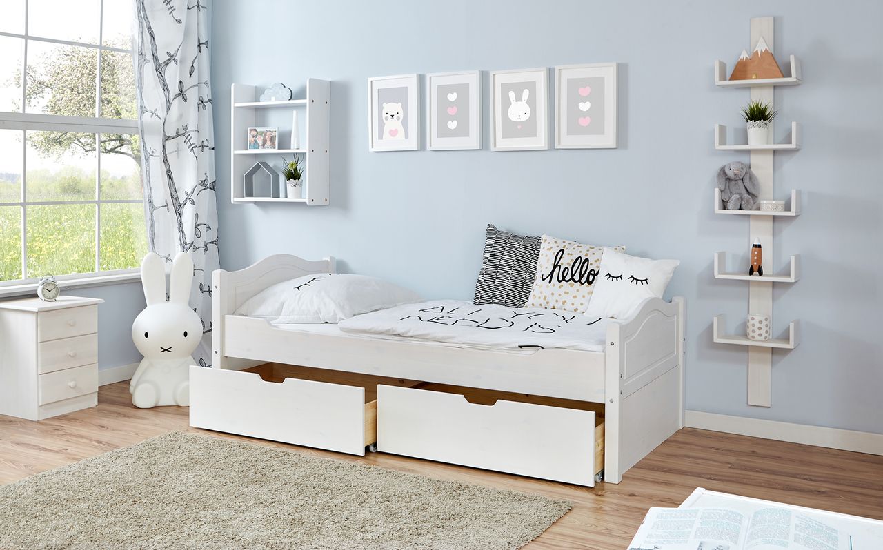 Ticaa Einzelbett Leni Kiefer weiß Var 4 - mit 2er Schubkästen