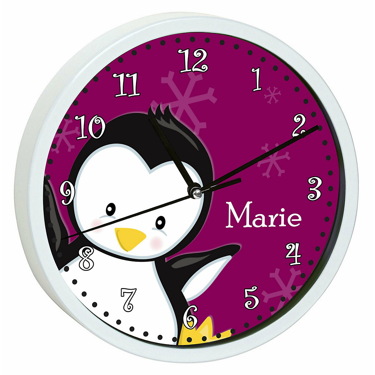 Kinder Wanduhr personalisiert mit Name Pinguin brombeere