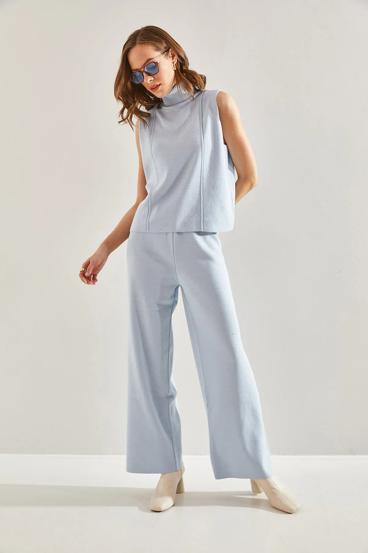 Bianco Lucci  Kurzarmblusen-Strickoberteil- und -Unterteil-Set für Damen
