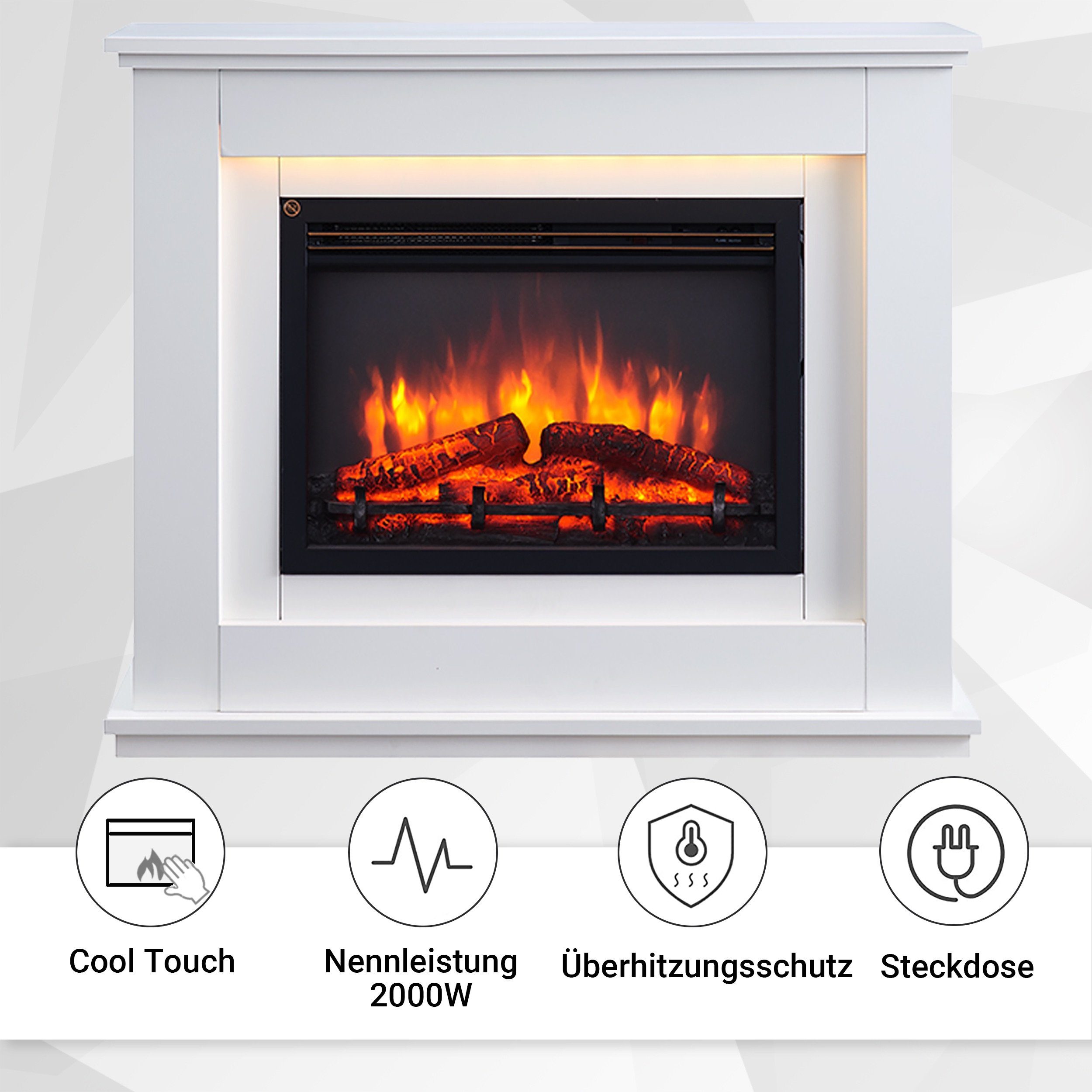 RICHEN Elektrokamin Baldur, Standkamin mit Heizung 2000W, 3D-Flammen, LED-Beleuchtung, App-Steuerung, WiFi, Thermostat, Timer