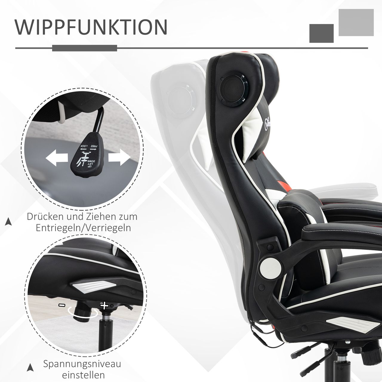 HOMCOM Vinsetto Gamingsessel mit Wippfunktion Gamingstuhl mit Lautsprecher Bürostuhl PU