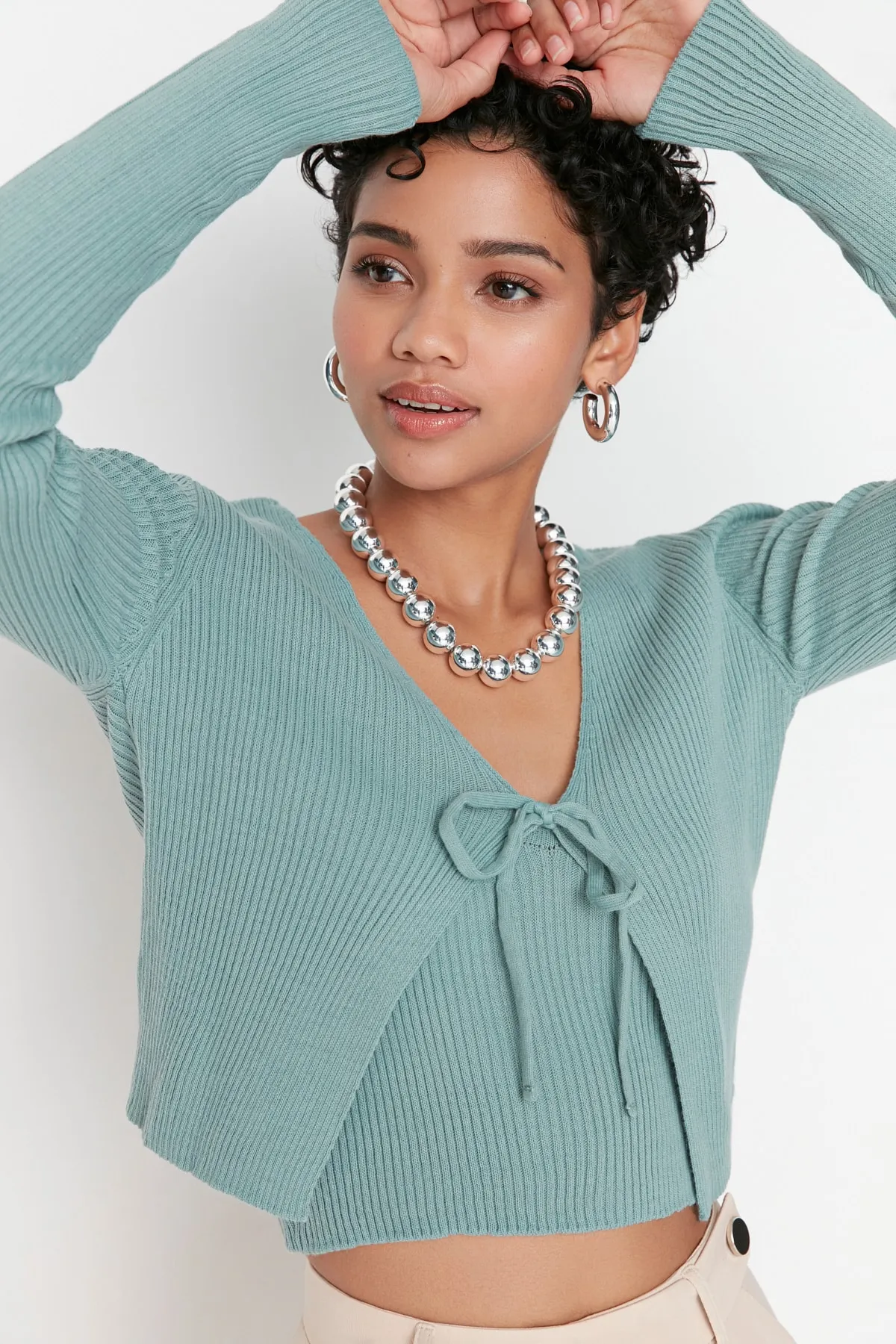 Trendyol Collection  Mintfarbenes Crop Tie Detailliertes Blusen-Cardigan-Strickwaren-Set Strick-Cardigan TWOSS21HI0002