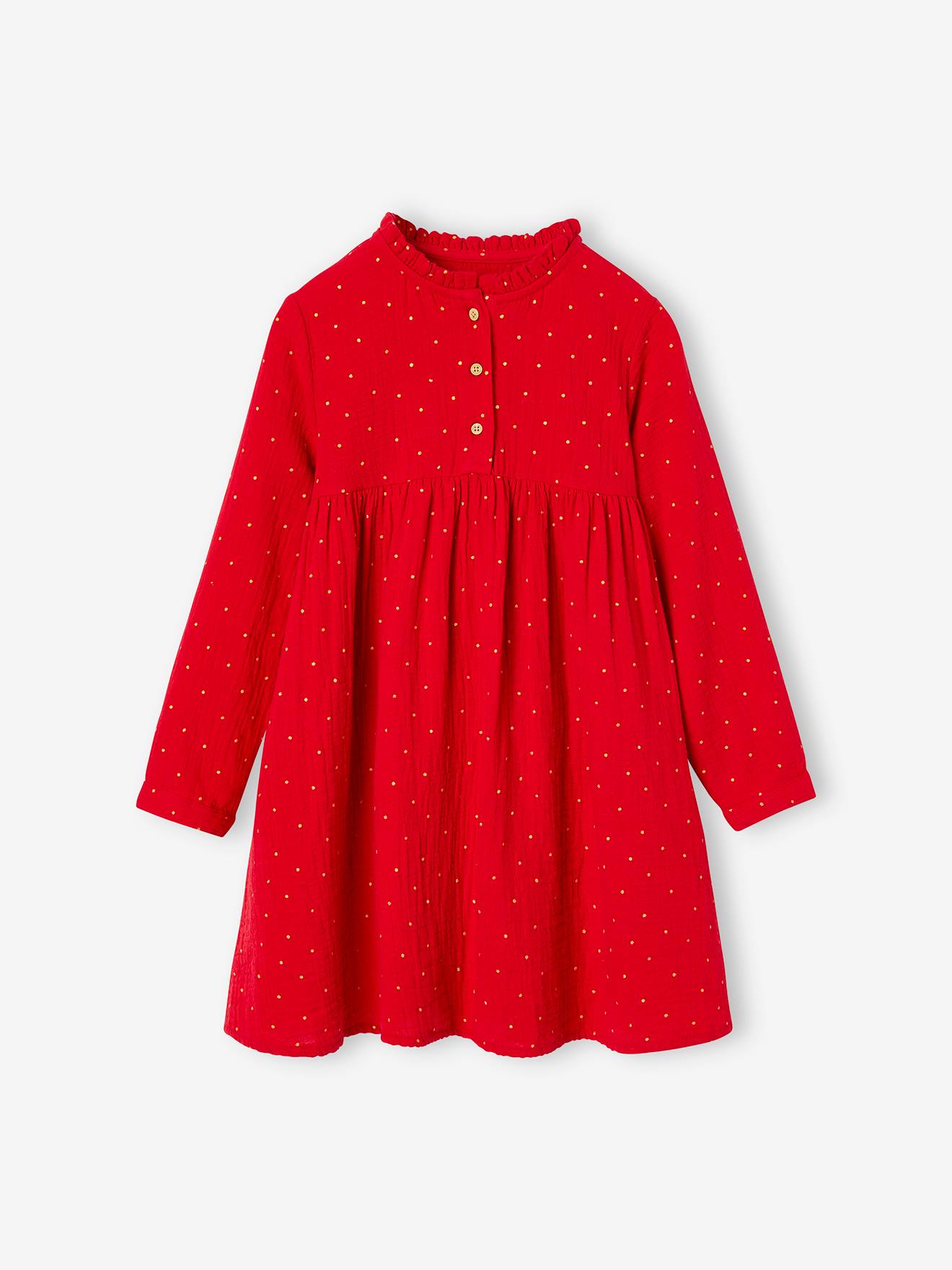 Vertbaudet Mädchen Kleid mit Glanztupfen, Musselin - grün bedruckt