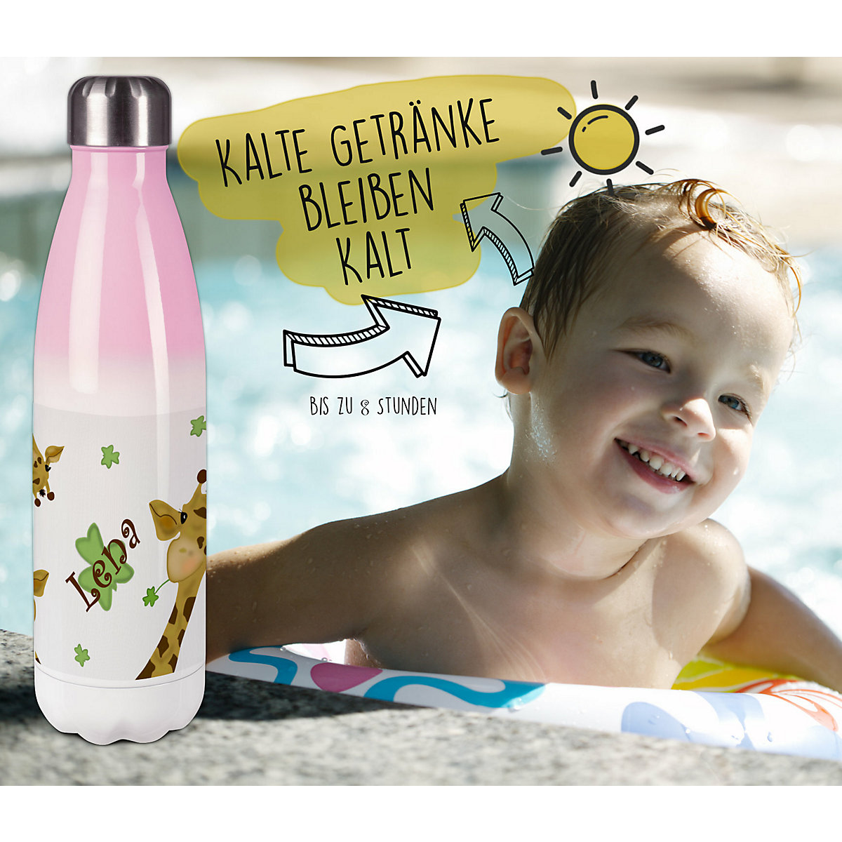 Edelstahl Kinder Thermoflasche / Trinkflasche bunt Giraffe Spülmaschinenfest, Auslaufsicher, Bruchfest, Doppelwandig, Für Heißgetränke geeignet, Mit Deckel, Isoliert