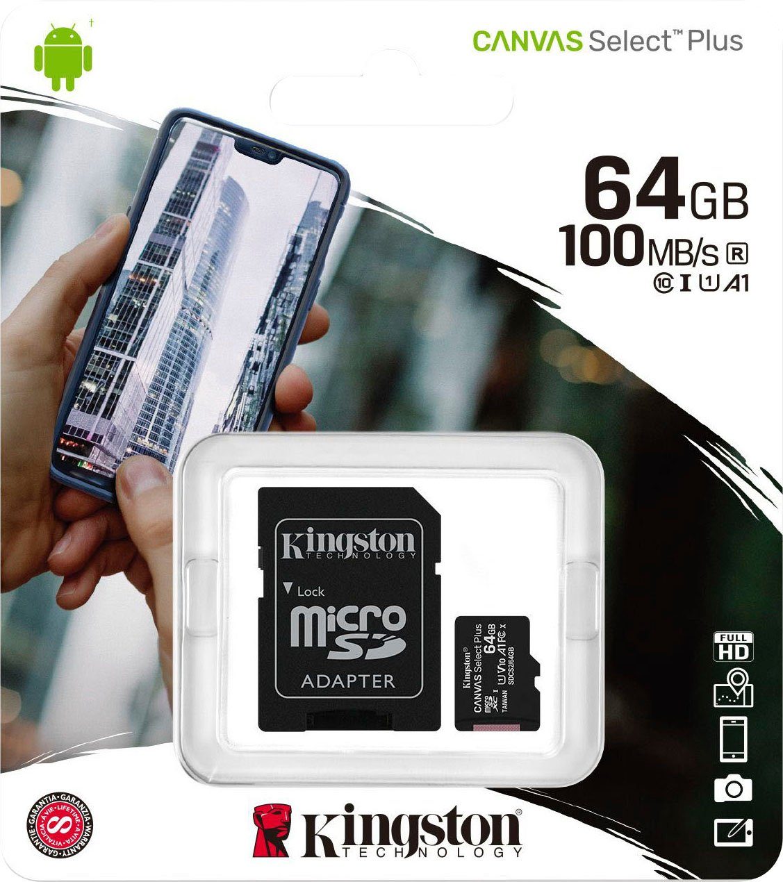 Kingston Canvas Select Plus microSD 64GB + ADP Speicherkarte (64 GB, UHS-I Class 10, 100 MB/s Lesegeschwindigkeit)