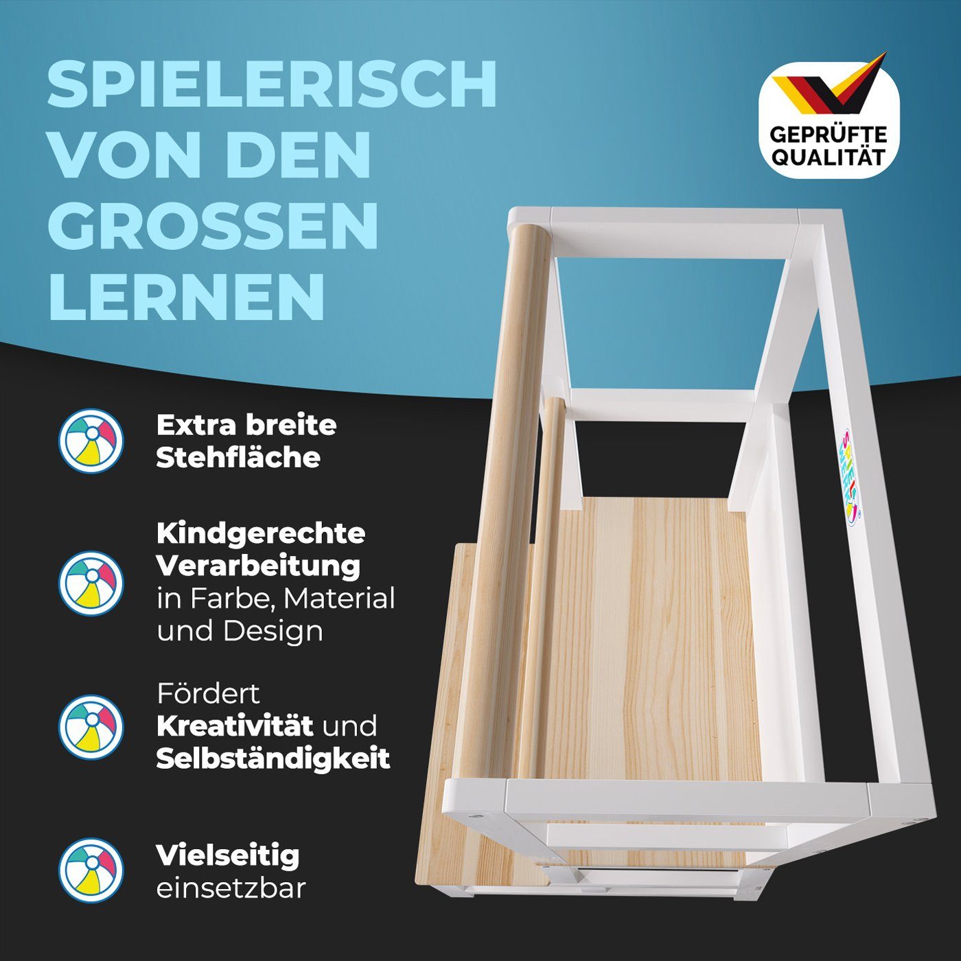 Spielwerk Kinderstuhl, 50x51x93cm 100kg belastbar Sicherheitsstange Tritthocker Küchenhelfer