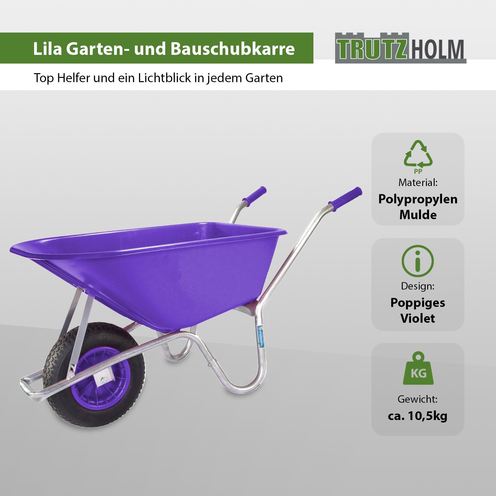 TRUTZHOLM Schubkarre Schubkarre 100 L 250 kg violett Gartenschubkarre Schiebkarre PP Mulde