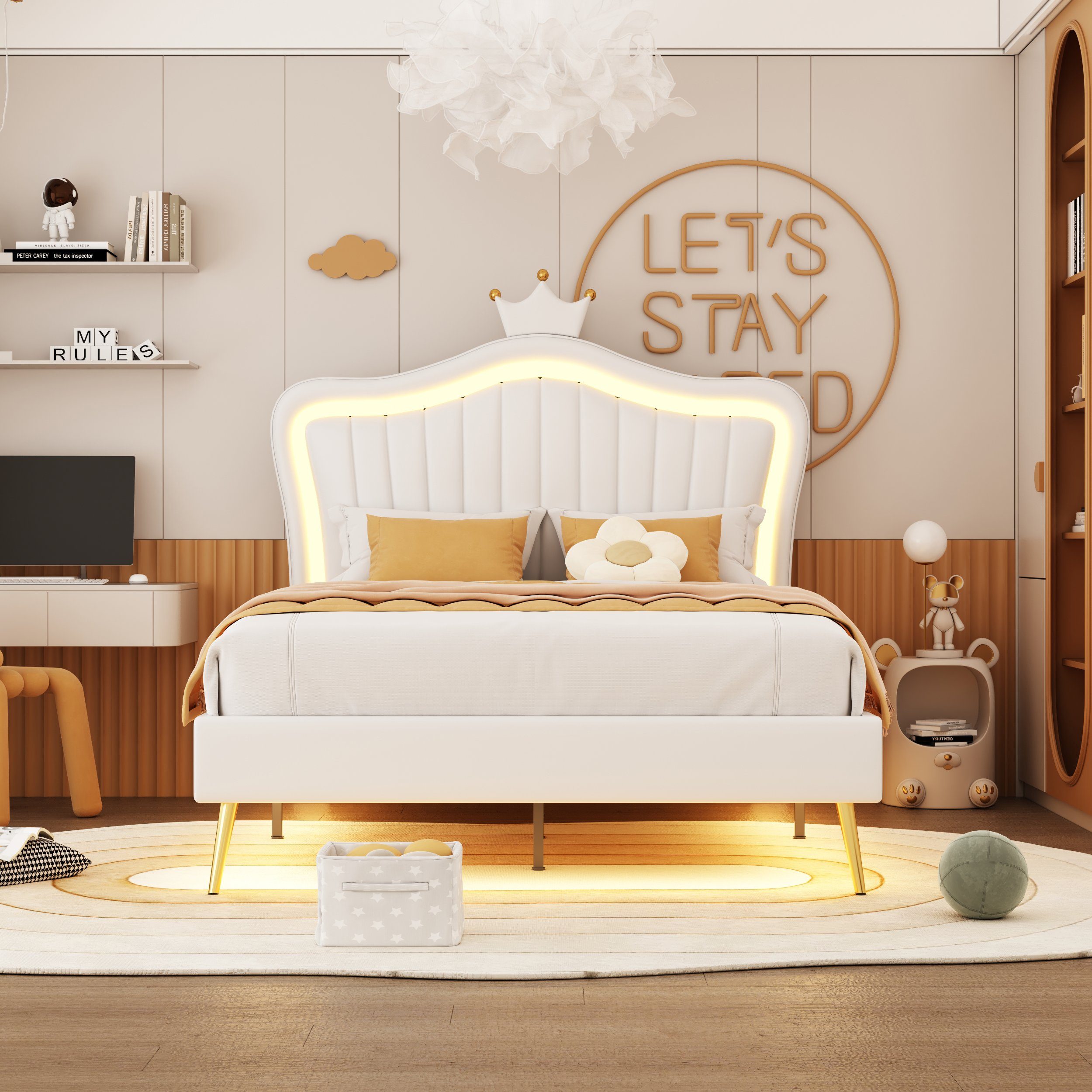 HAUSS SPLOE Polsterbett Polsterbett Funktionsbett Bettrahmen KInderbett (Bettgestell für Mädchen, weißes Kronen-Doppelbettgestell aus Leder, mit LED-Leuchten, Lattenrost und Rückenlehne 90 x 200 cm)