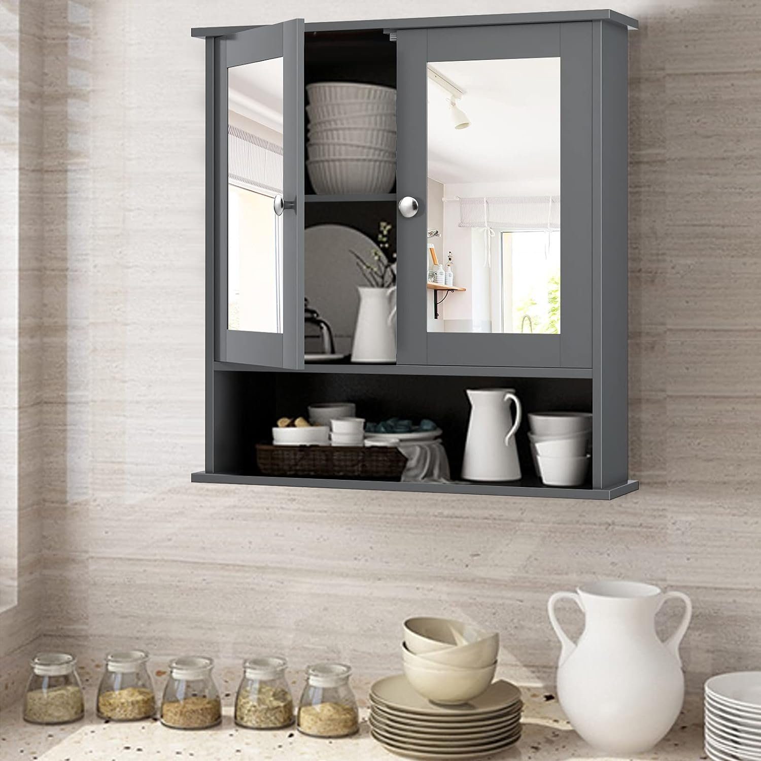 KOMFOTTEU Spiegelschrank Badezimmerspiegelschrank Wandschrank hängend, 56 x 13 x 58 cm