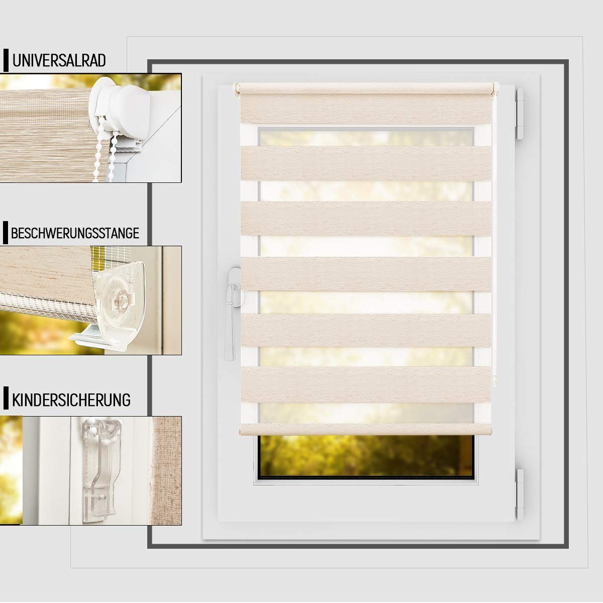 Doppelrollo Klemmfix ohne Bohre, OUBO, verdunkelnd, Fensterrollo Seitenzugrollo Blickdicht, Für Fenster und Tür mit Klämmträger lichtdurchlässig verdunkelnd