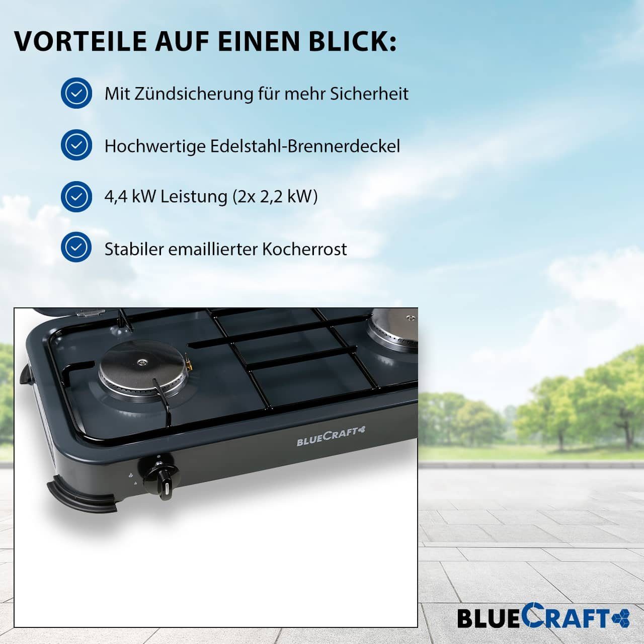 BlueCraft Gaskocher, (Gas-Kochfeld 2 flammen Propangas mit Schlauch und Druckminderer), Campingkocher 2-flammig mit Zündsicherung Gasschlauch Gasregler