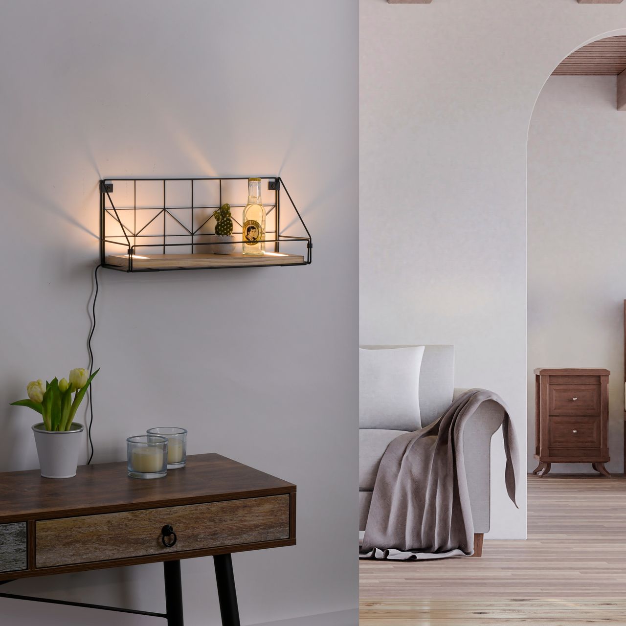 JUST LIGHT LeuchtenDirekt LED Wandleuchte BOARD, mit Ablageboden aus Echtholz, 3000 K, Schnurschalter