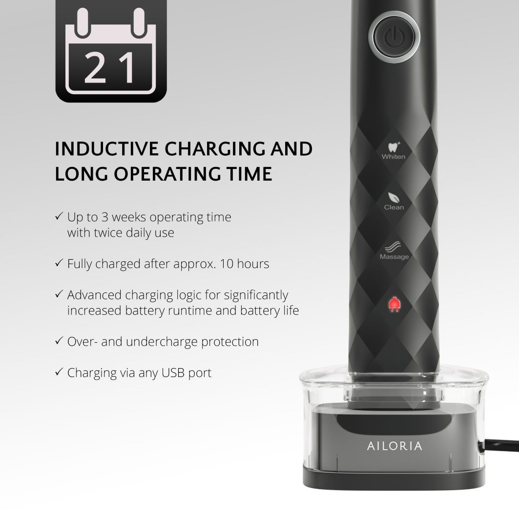 USB-Schallzahnbürste schwarz-silber inkl. 2 Bürstenköpfe & USB Power Plug