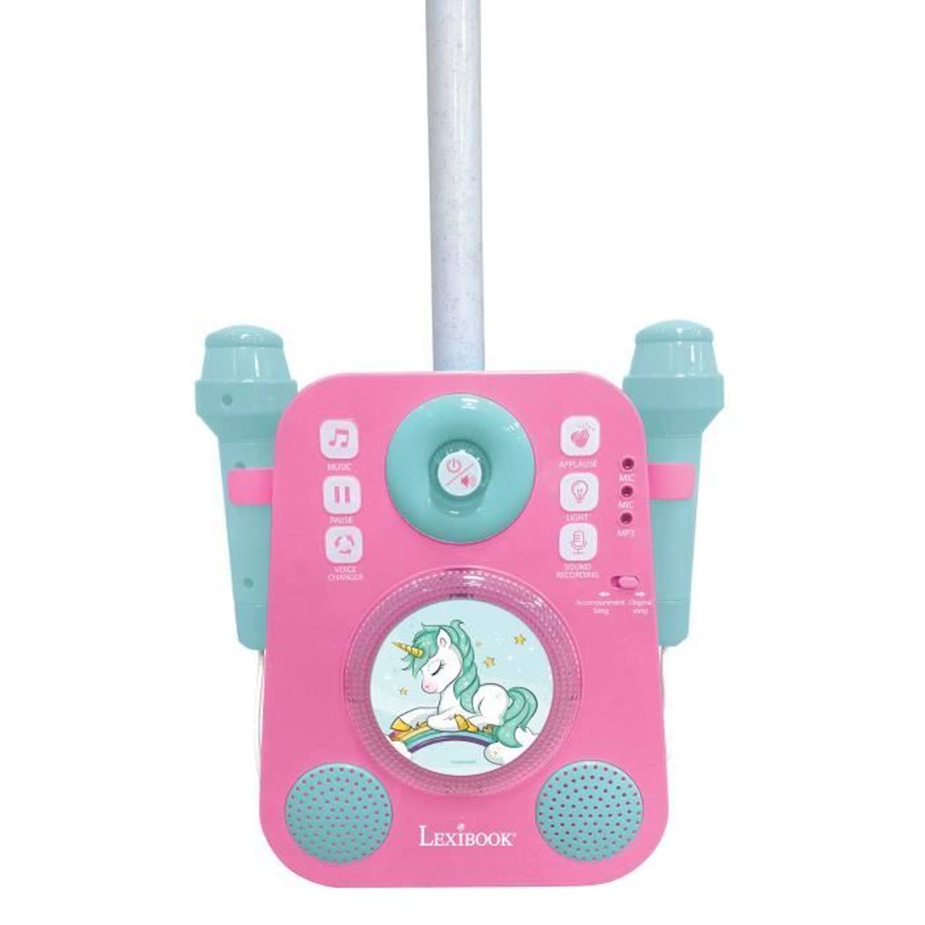Karaoké Licorne avec deux microphones et effets lumineux et sonores rose