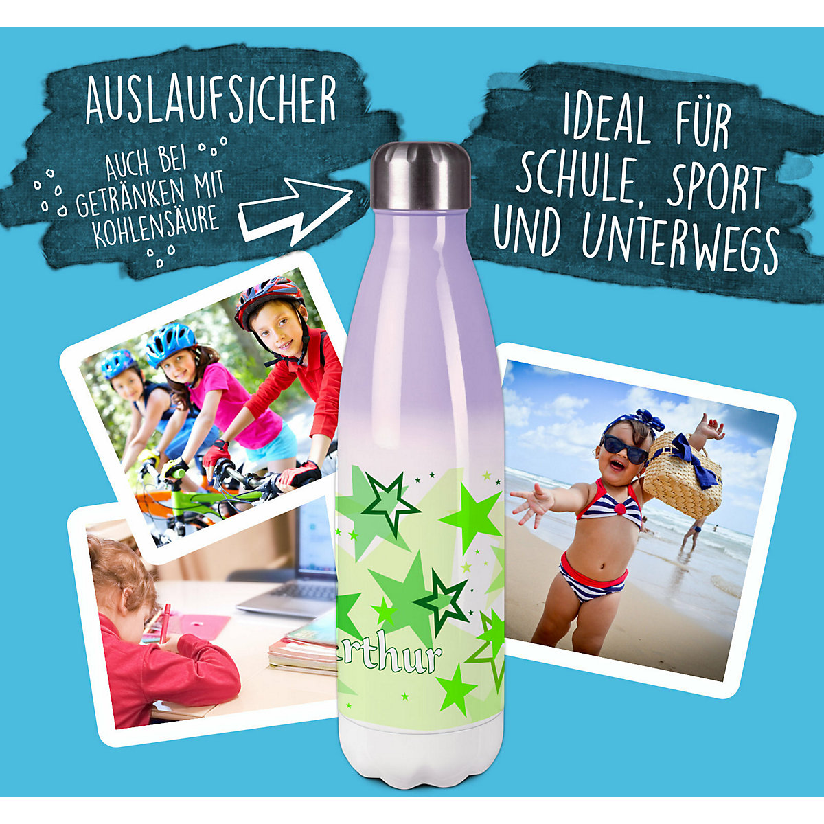 Edelstahl Kinder Thermoflasche / Trinkflasche bunt Sternenhimmel Farbe grün Spülmaschinenfest, Auslaufsicher, Bruchfest, Doppelwandig, Für Heißgetränke geeignet, Mit Deckel, Isoliert