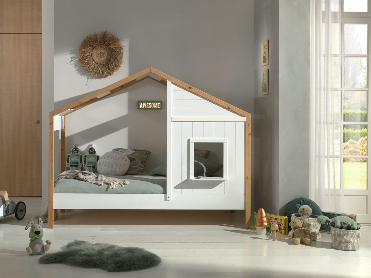 VIPACK Landhausbett BABS mit Liegefläche 90 x 200 cm, inkl. Lattenrost, Ausf. teilmassiv Kiefer, Farbe Oak/Weiß