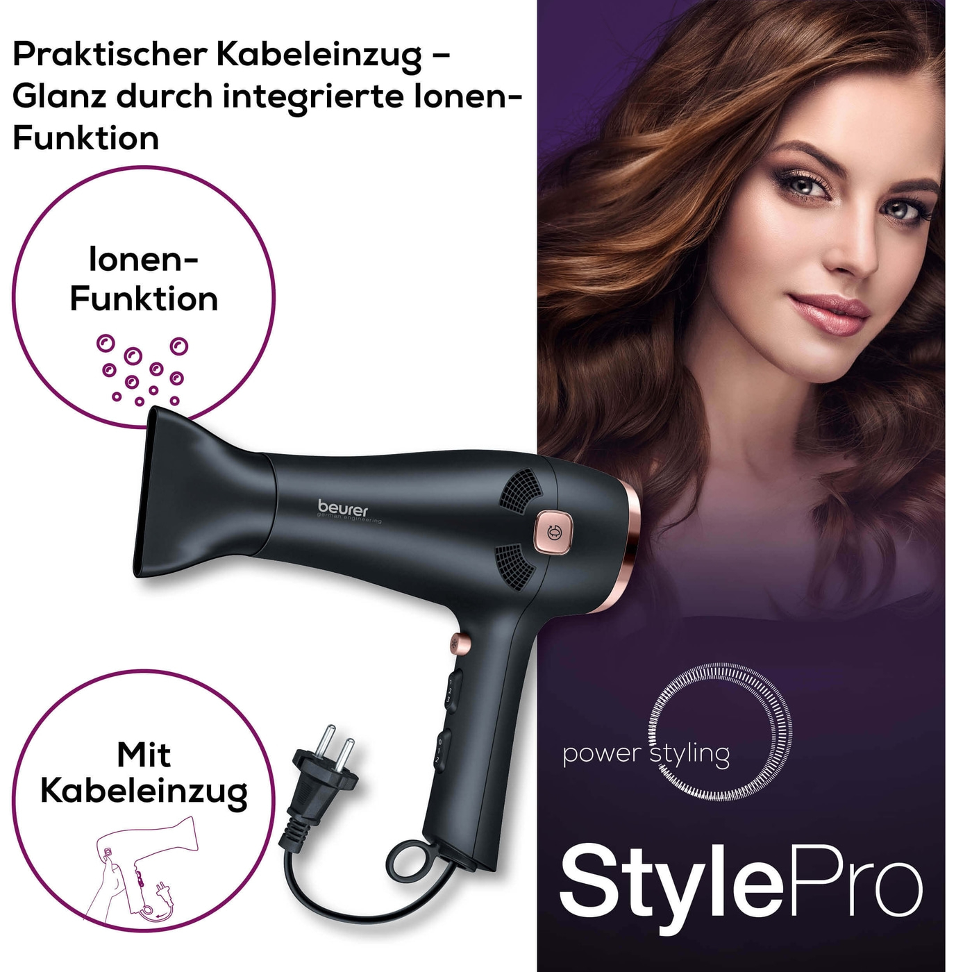 Beurer Haartrockner - HC 55-Haartrockner mit 2 Aufsätzen & praktischem Kabeleinzug