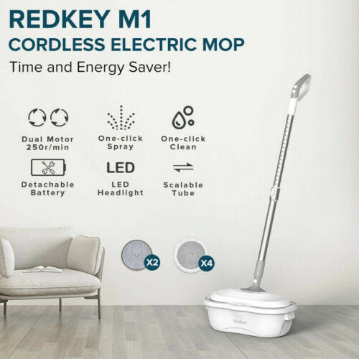 Redkey Akku-Wischmopp M1, 60,00 W, beutellos,Trennung von Frisch- und Abwasser, kabelloser Elektro-Mopp, selbstreinigender Wischmopp, LED, 2200 mAh