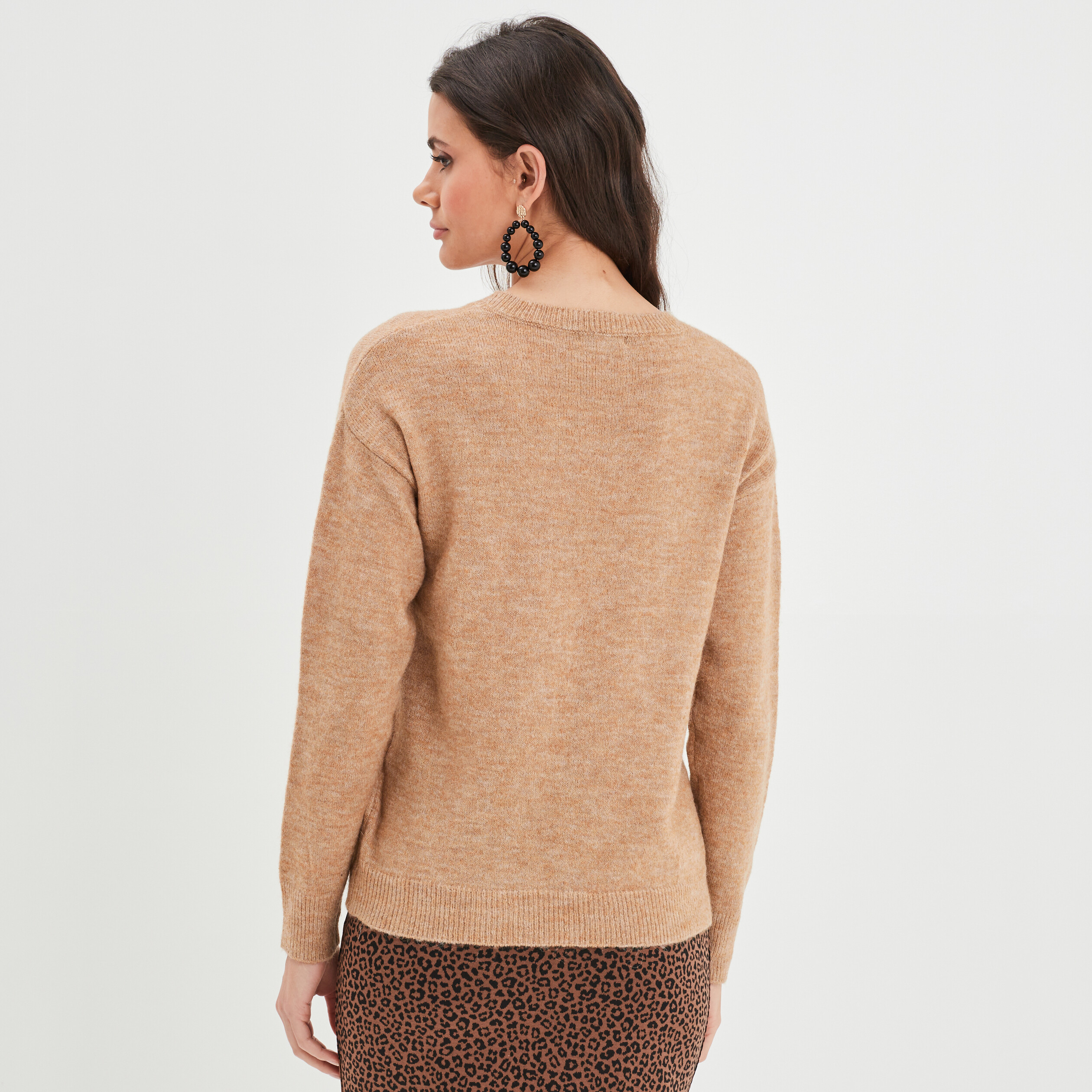 Pull col rond manches longues marron clair femme | La Halle