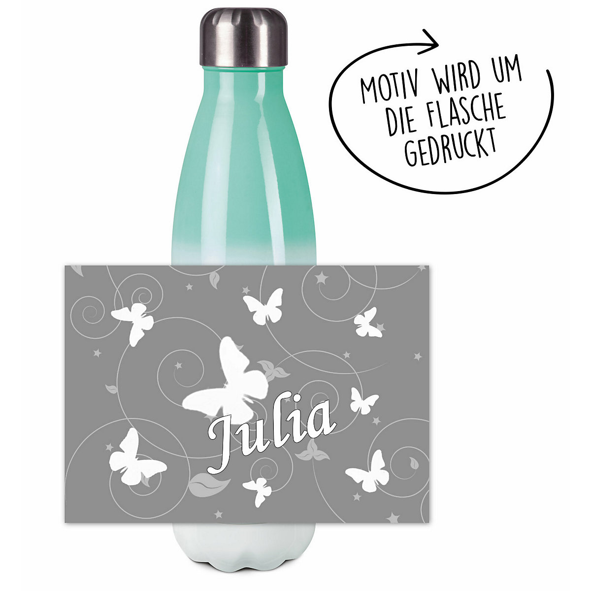 Edelstahl Kinder Thermoflasche / Trinkflasche bunt Schmetterling Ornamente Farbe grau Spülmaschinenfest, Auslaufsicher, Bruchfest, Doppelwandig, Für Heißgetränke geeignet, Mit Deckel, Isoliert