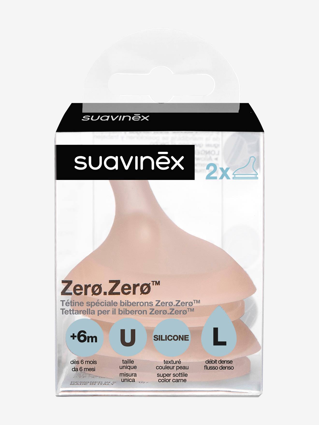 Lot de 2 tétines débit rapide (L) pour biberon Zerø.Zerø SUAVINEX peau
