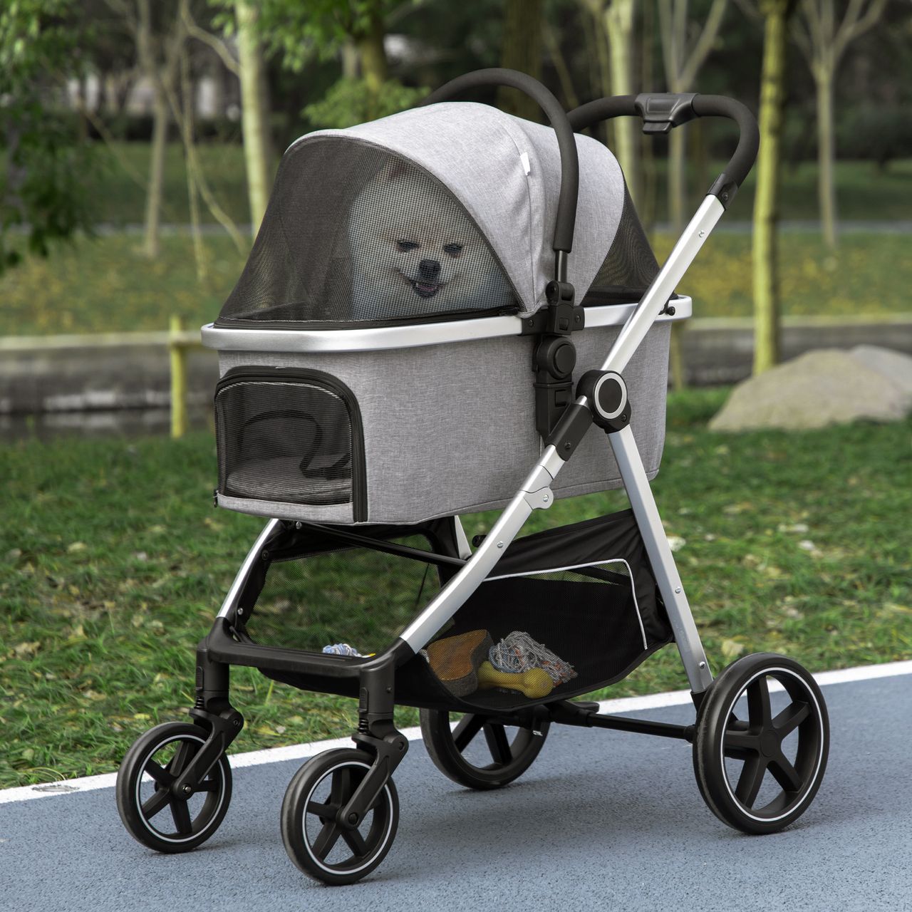 PawHut Hundewagen, 2 in 1 Hundetrolley, Tragetasche, faltbarer Hundebuggy, Grau
