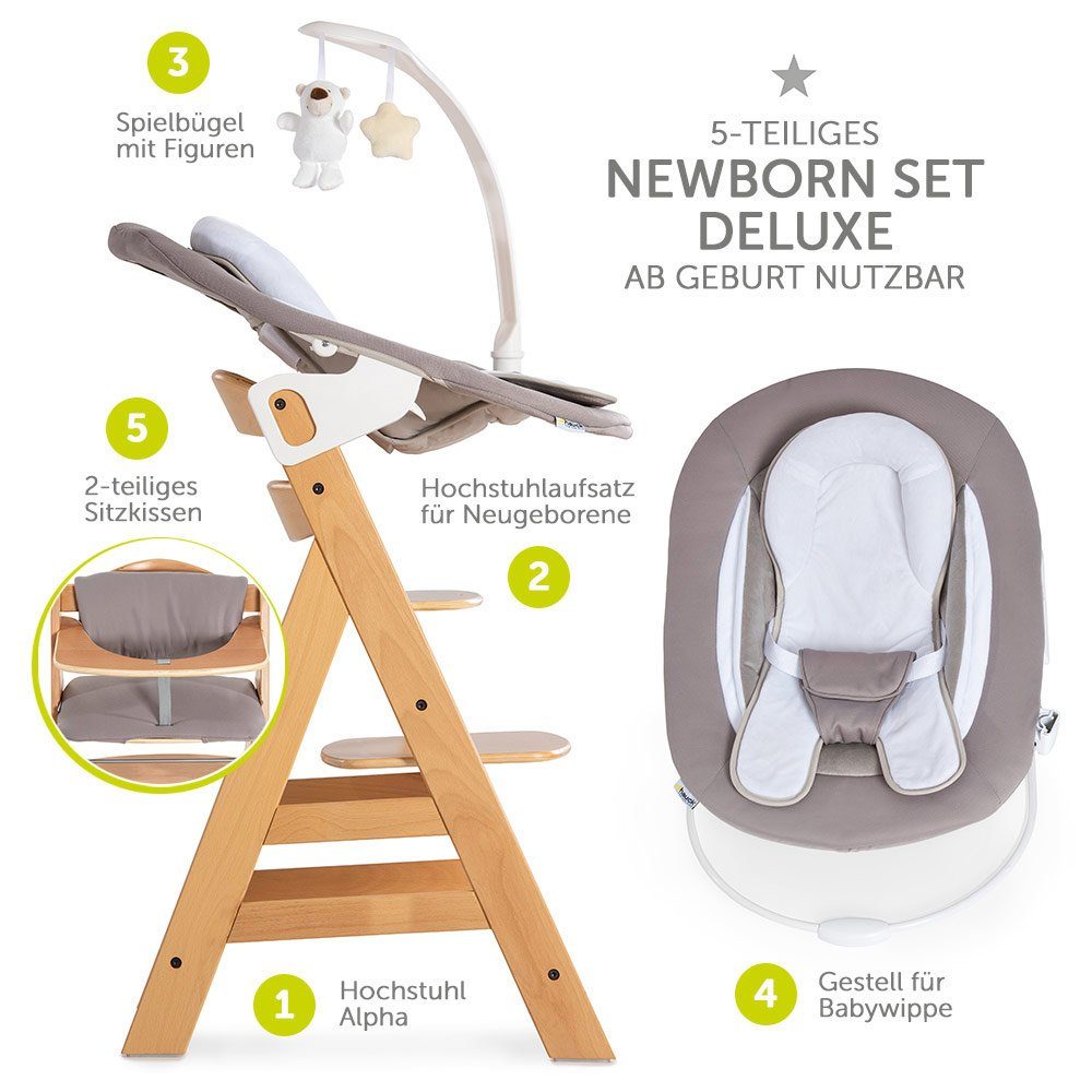 Hauck Hochstuhl Alpha Plus Natur Newborn Set (Set, 4 St), Baby Holz Babystuhl ab Geburt mit Liegefunktion - inkl. Aufsatz für Neugeborene, Sitzpolster - mitwachsend, verstellbar