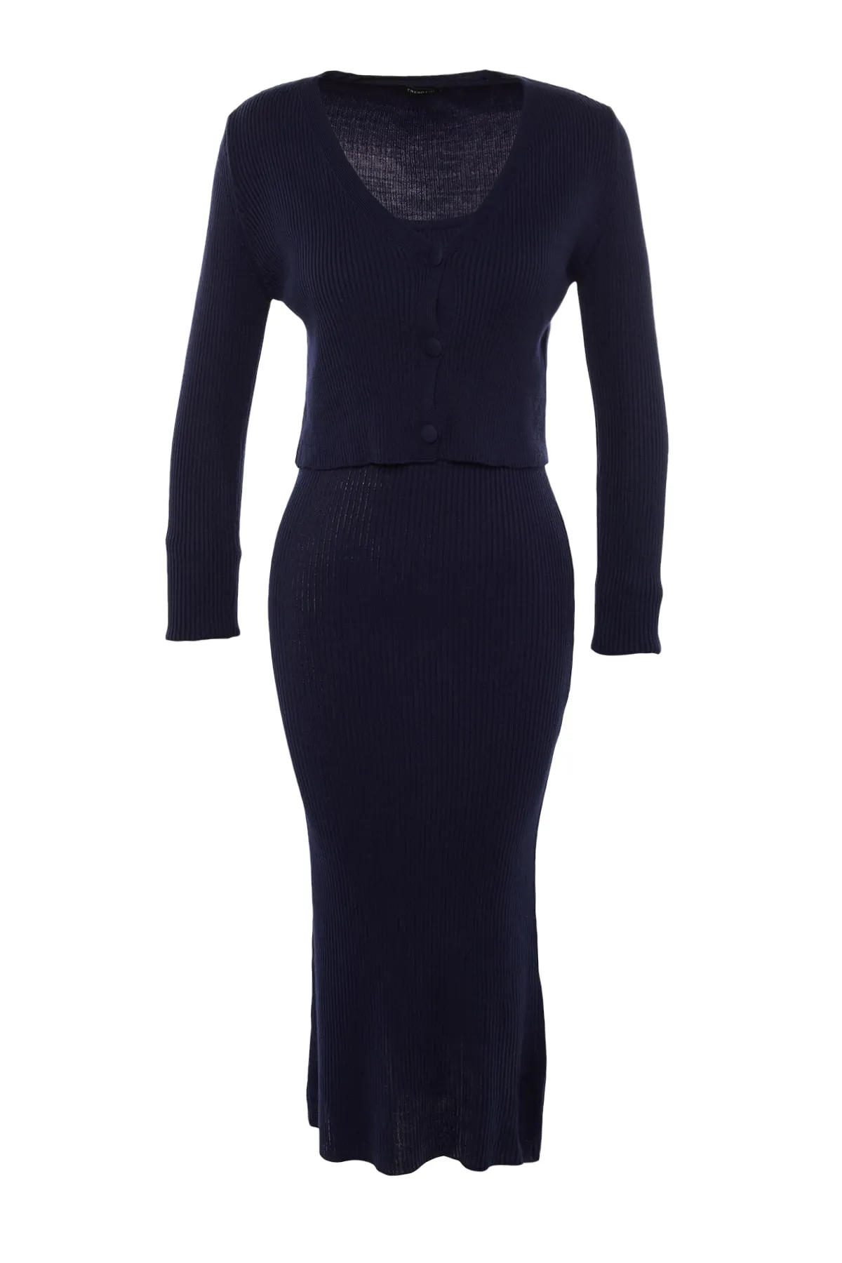 Trendyol Collection  Marineblaues, tailliertes Midi-Strick-Cardigan-Kleid-Set TWOSS21EL0208